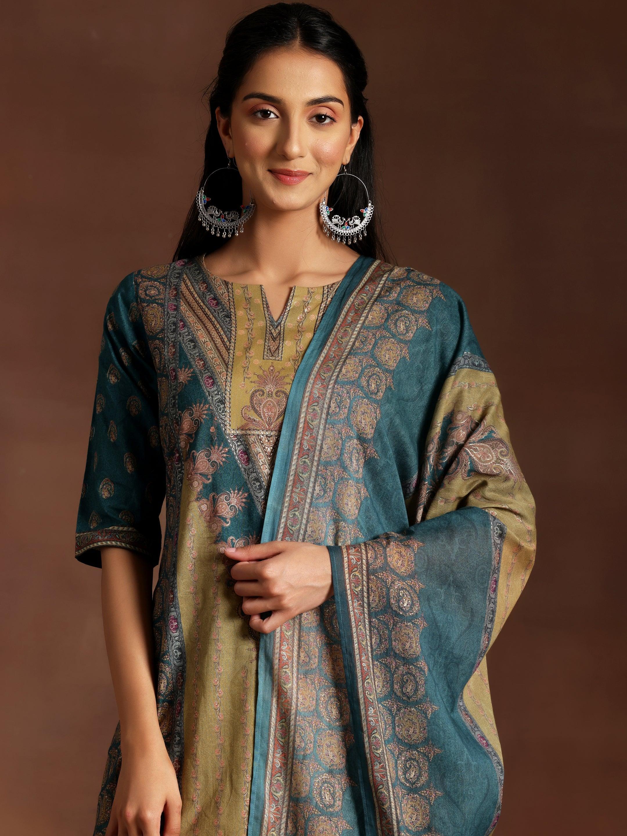 Multicoloured Printed Crepe Straight Suit With Dupatta