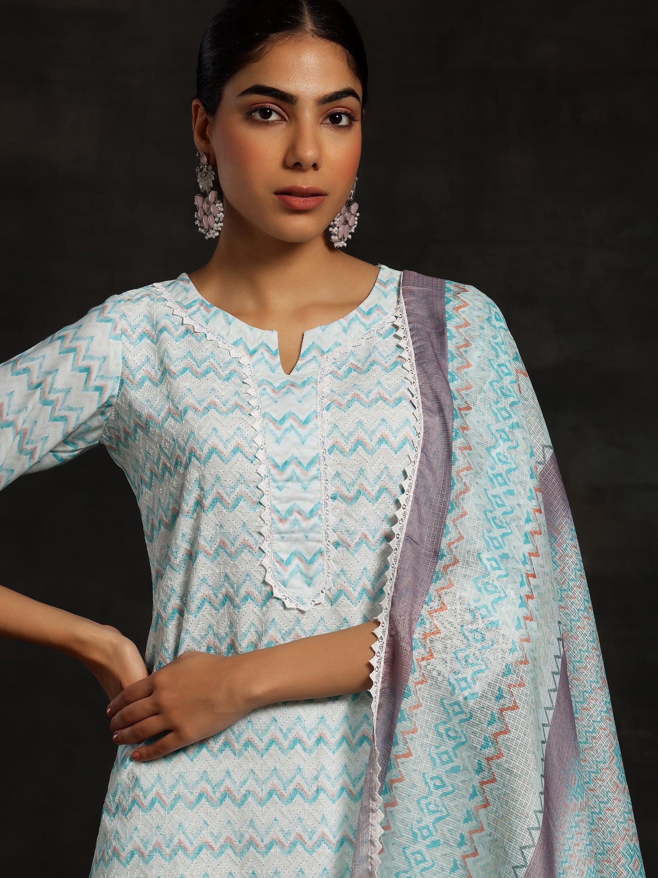 Blue Embroidered Cotton Straight Suit With Dupatta