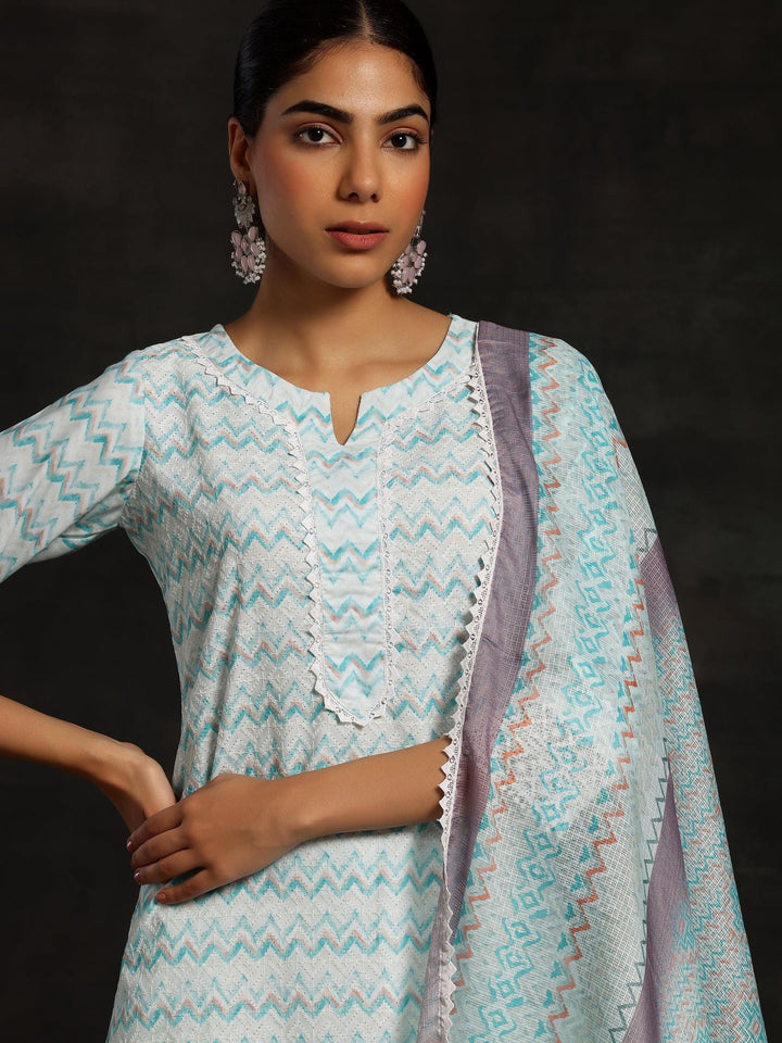 Blue Embroidered Cotton Blend Straight Kurta With Palazzos & Dupatta - ShopLibas