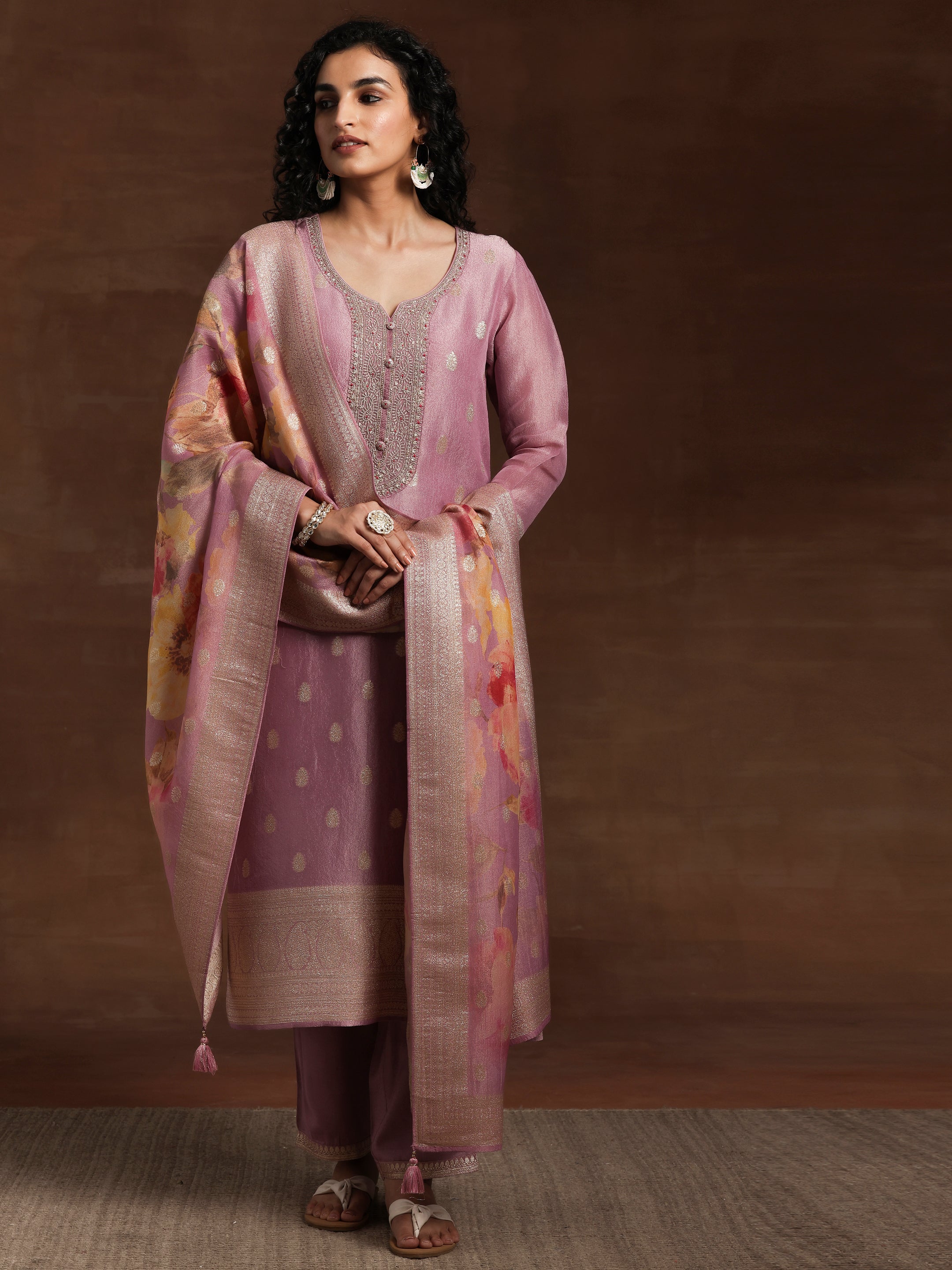 Mauve Woven Design Silk Blend Straight Kurta With Palazzos & Dupatta