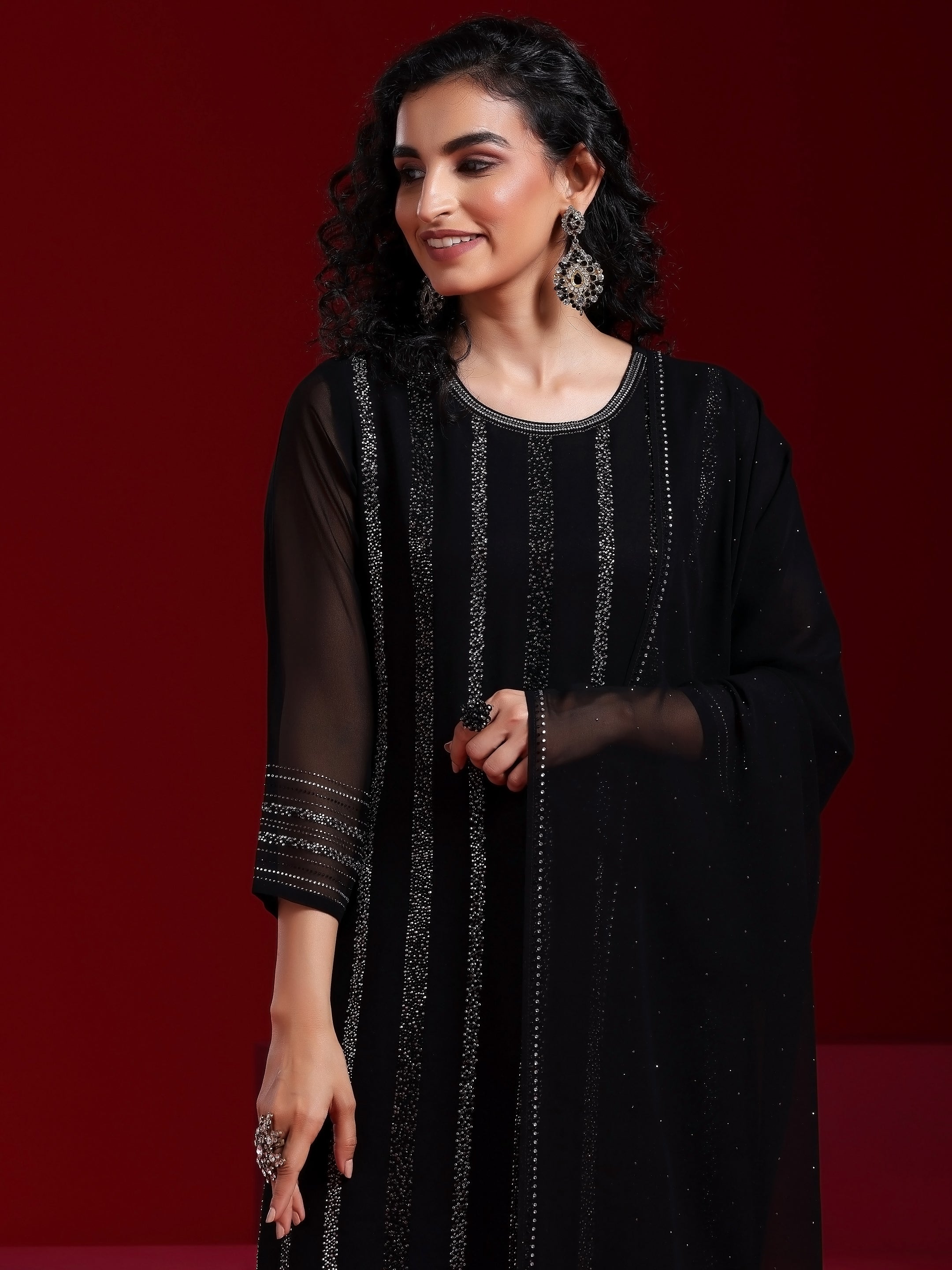 Libas Art Black Striped Georgette Straight Suit With Dupatta