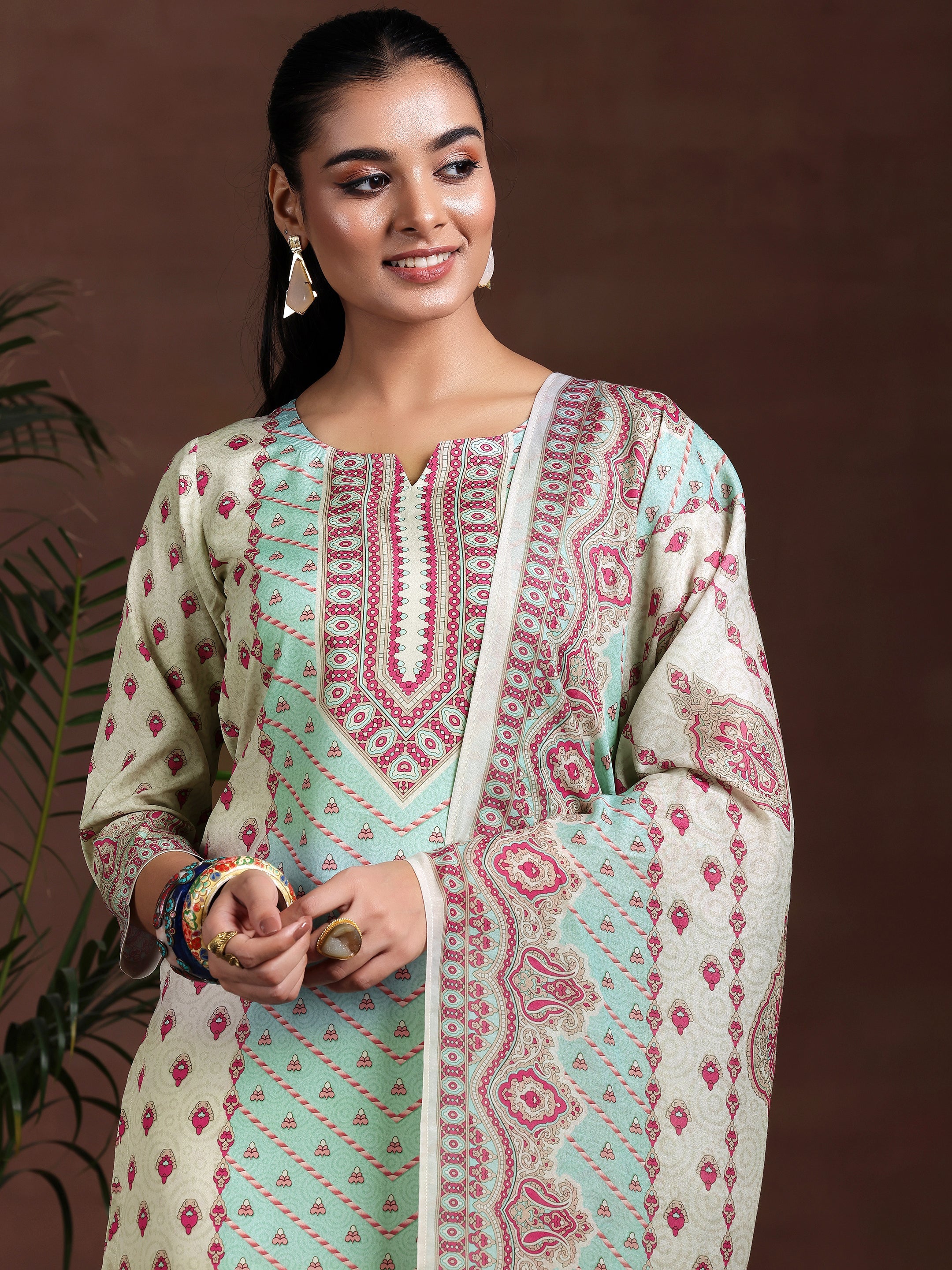 Beige Printed Poly Crepe Straight Suit With Dupatta