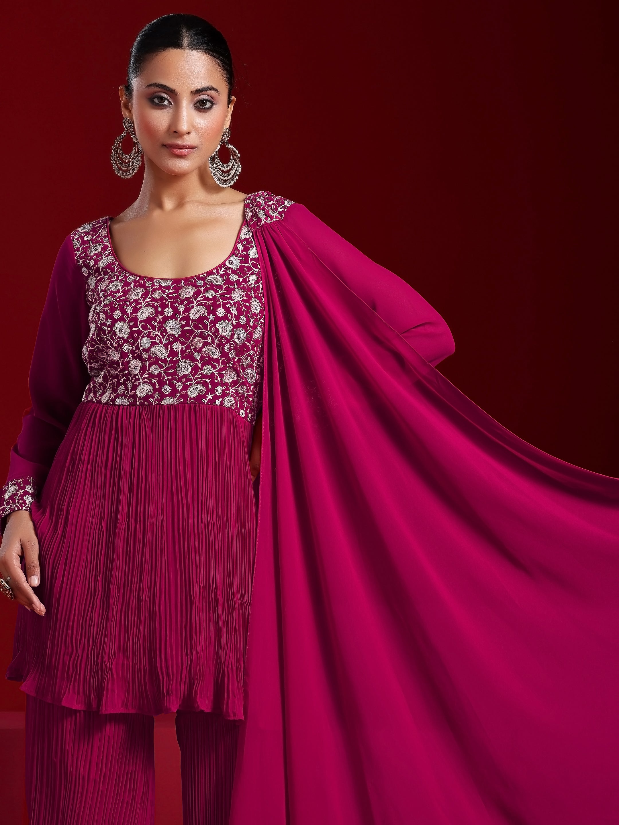 Libas Art Pink Embroidered Georgette A-Line Kurta With Sharara & Dupatta