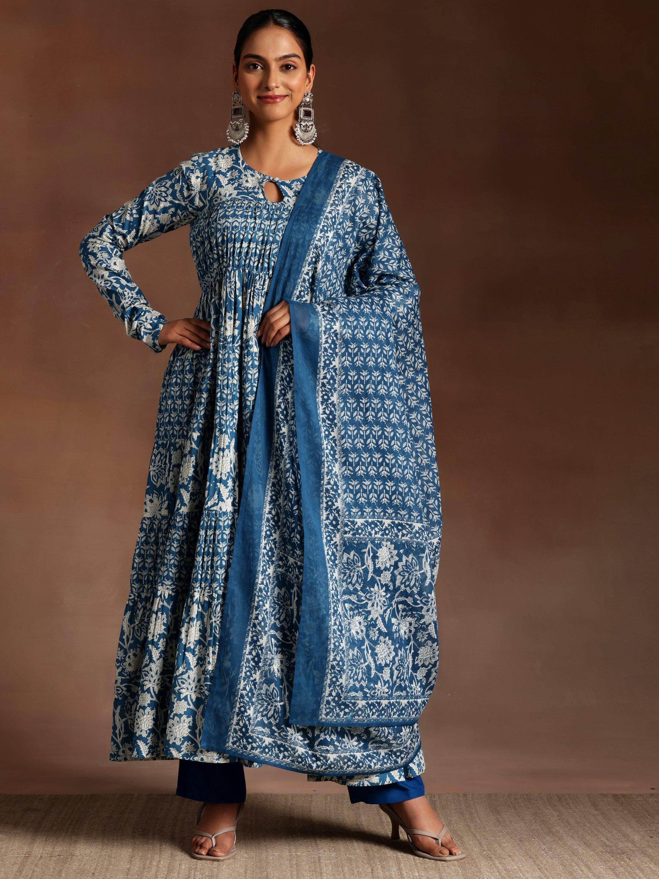 Blue Printed Cotton A-Line Kurta With Trousers & Dupatta