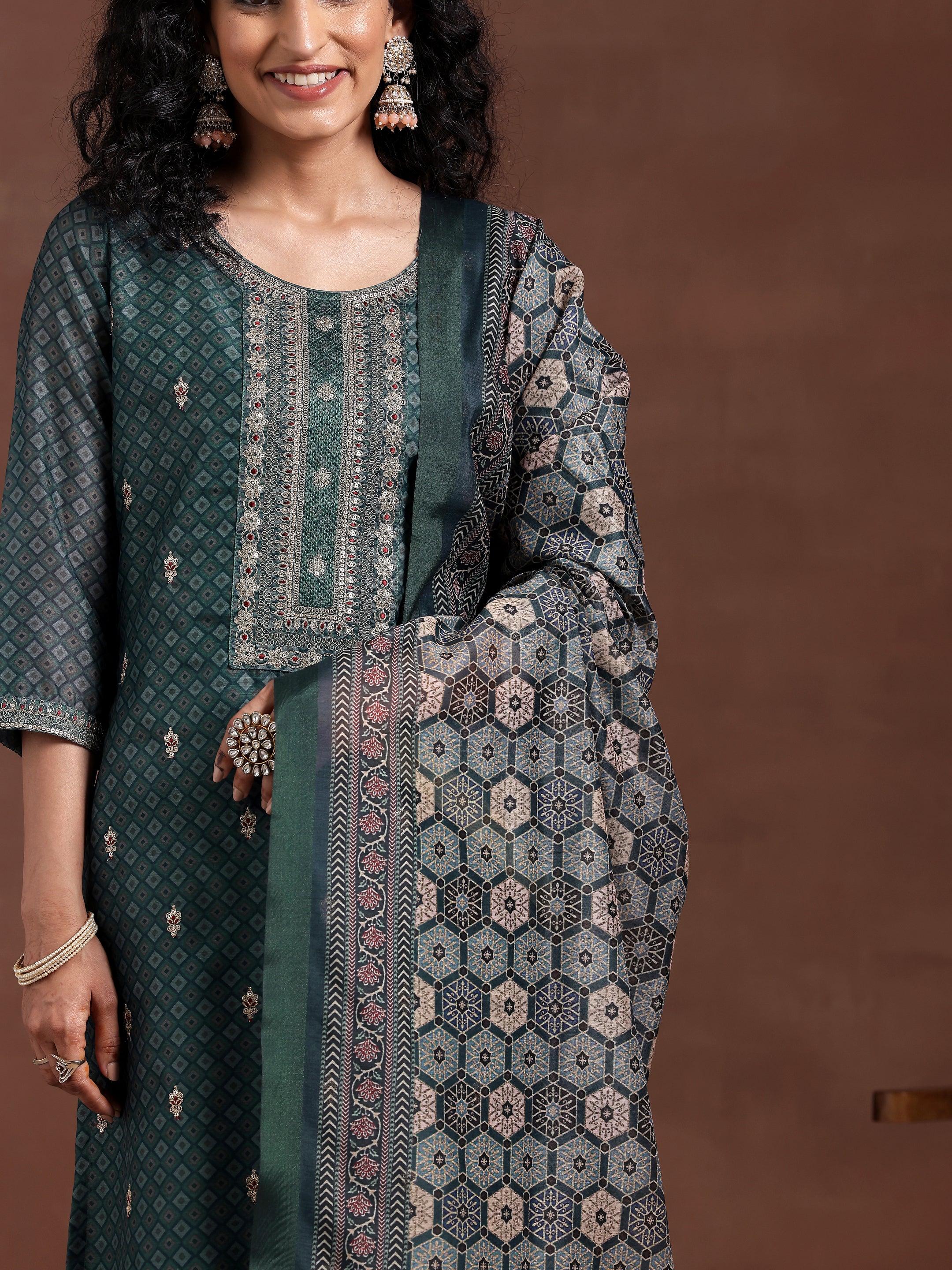 Teal Printed Silk Blend Straight Suit With Dupatta