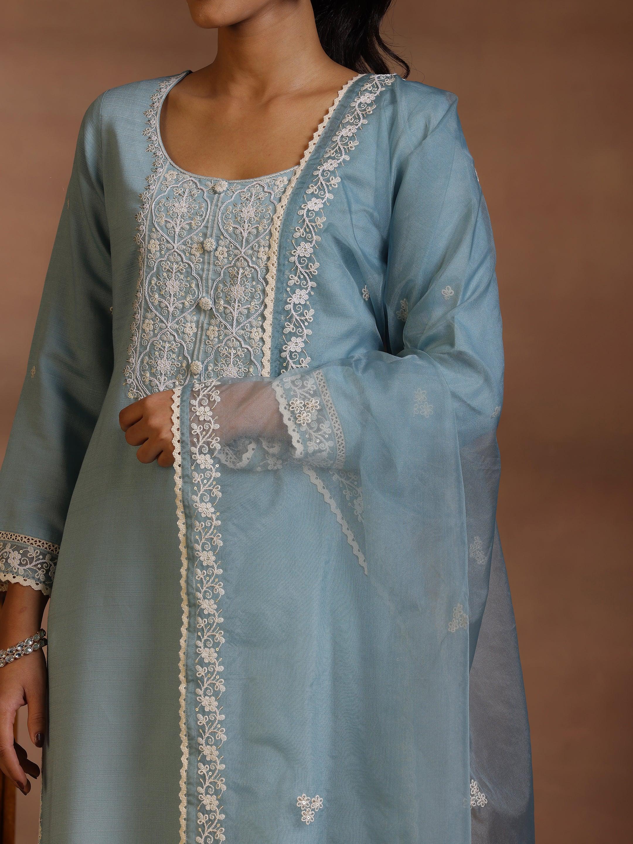 Blue Yoke Design Silk Blend Straight Suit With Dupatta