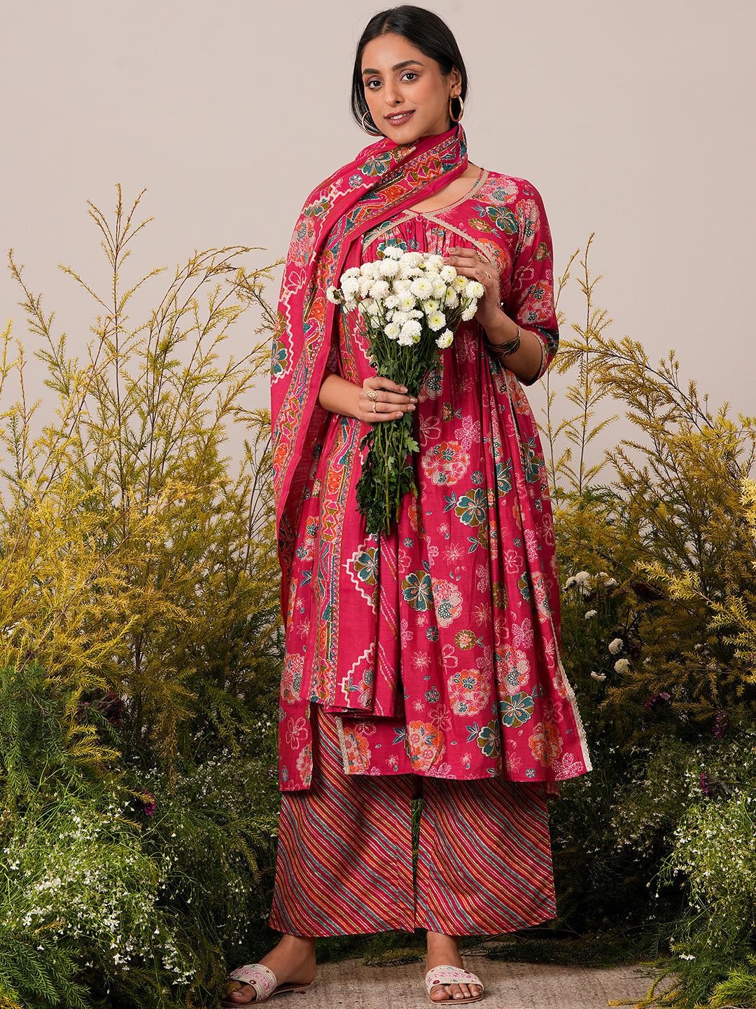 Pink Printed Silk Blend A-Line Kurta With Palazzos & Dupatta