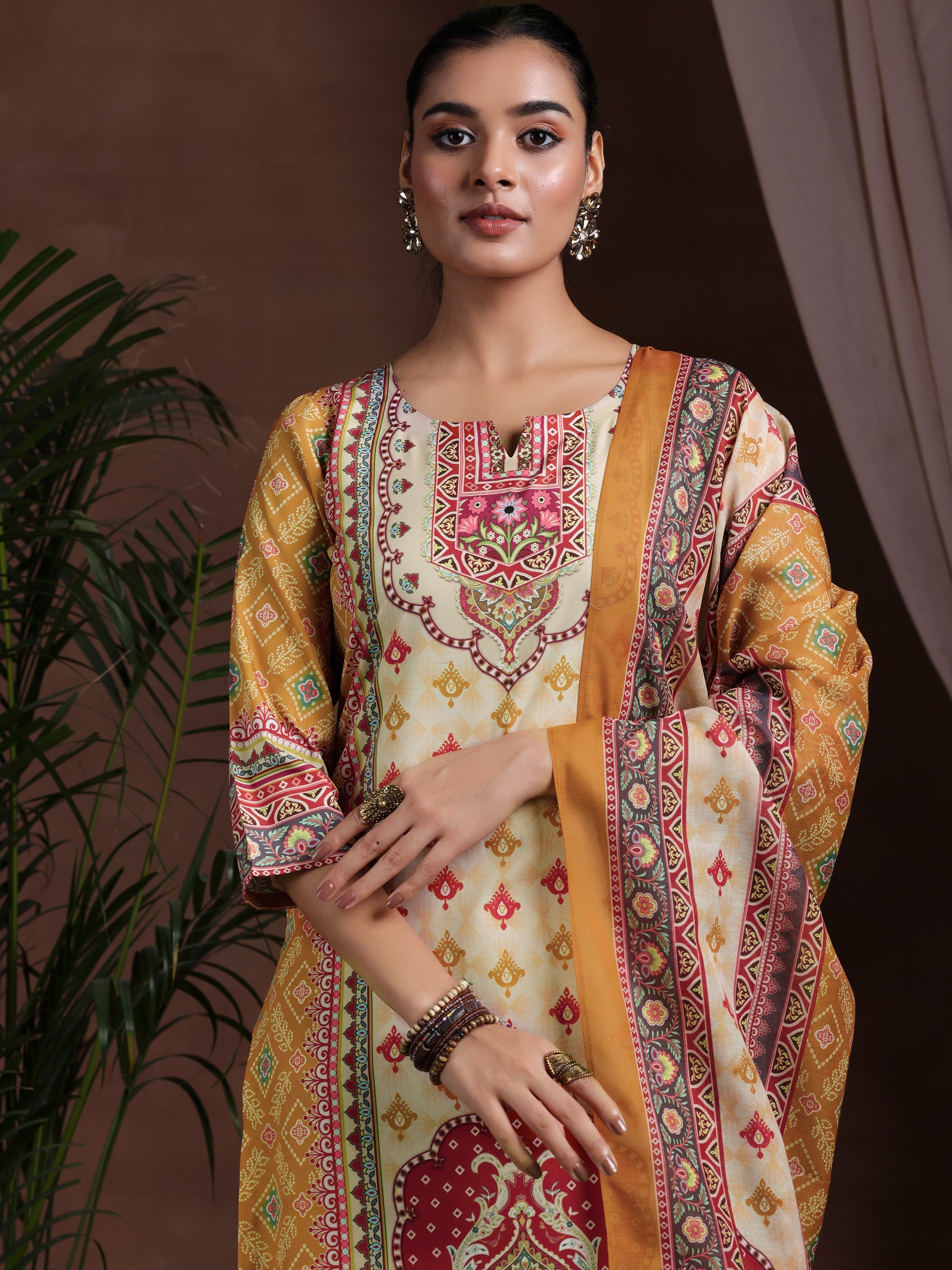 Mustard Printed Poly Crepe Straight Suit With Dupatta