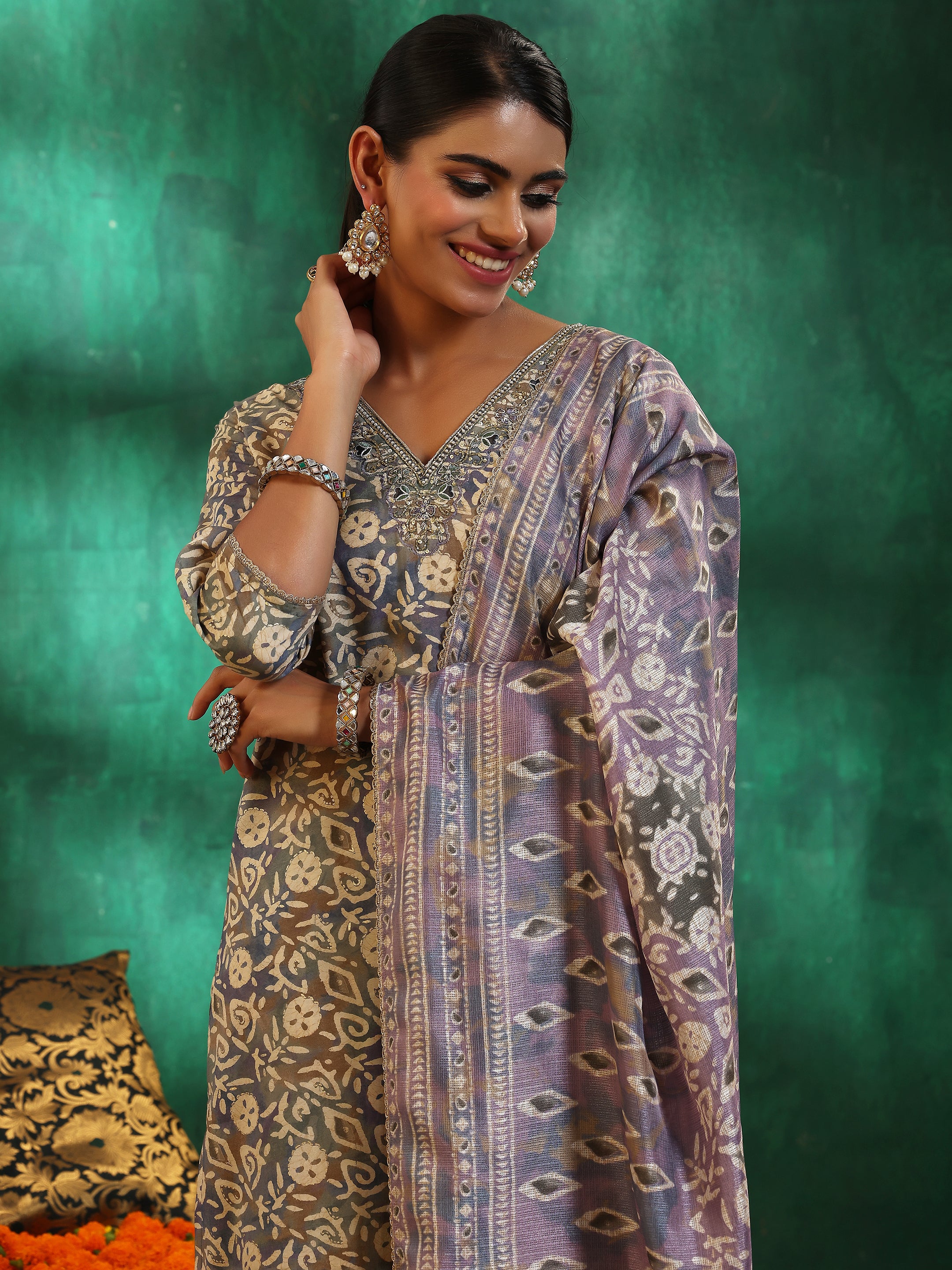 Mauve Printed Silk Blend Straight Suit With Dupatta