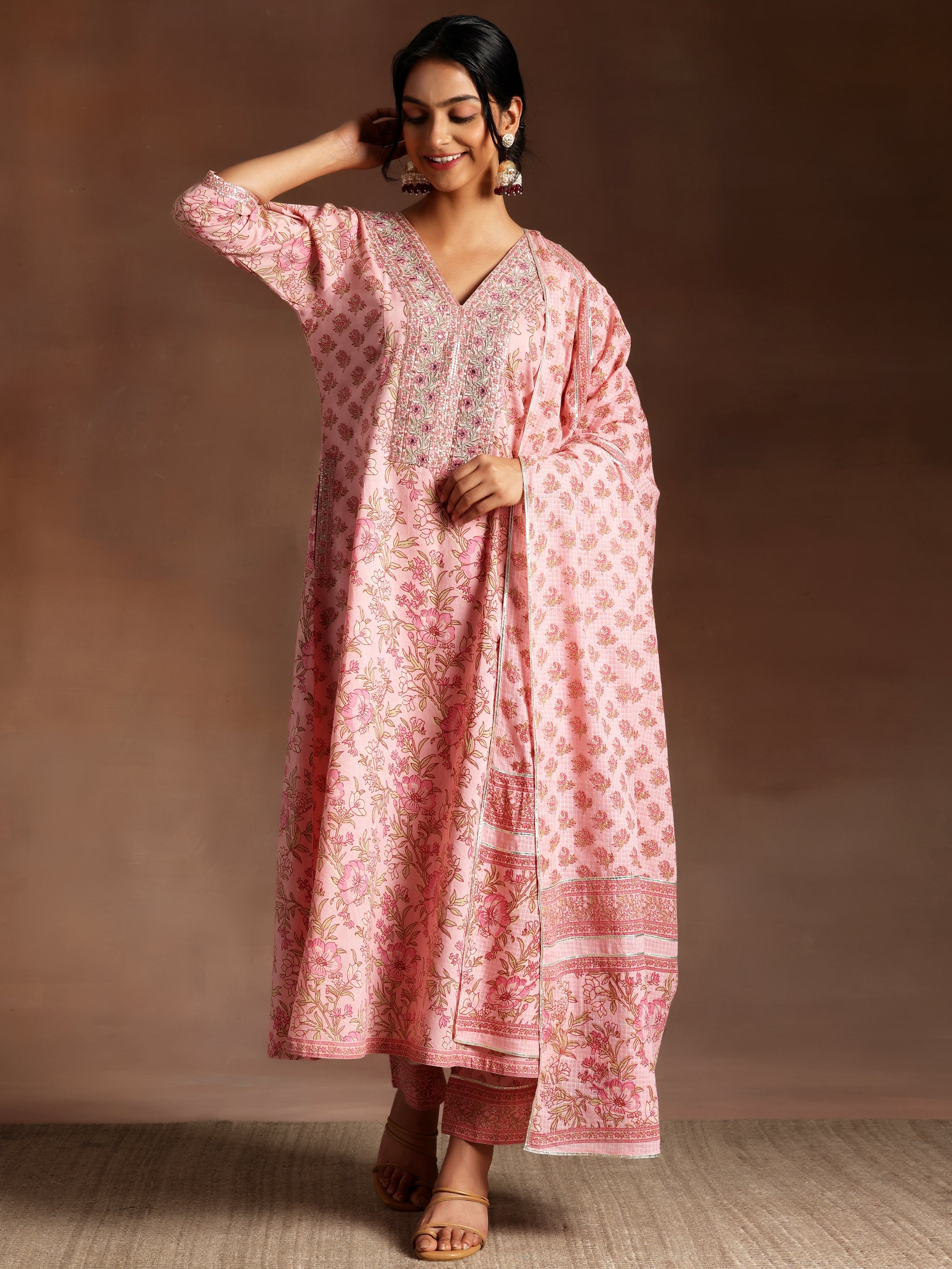 Mariyam Pink Printed Cotton A-Line Kurta With Palazzos & Dupatta