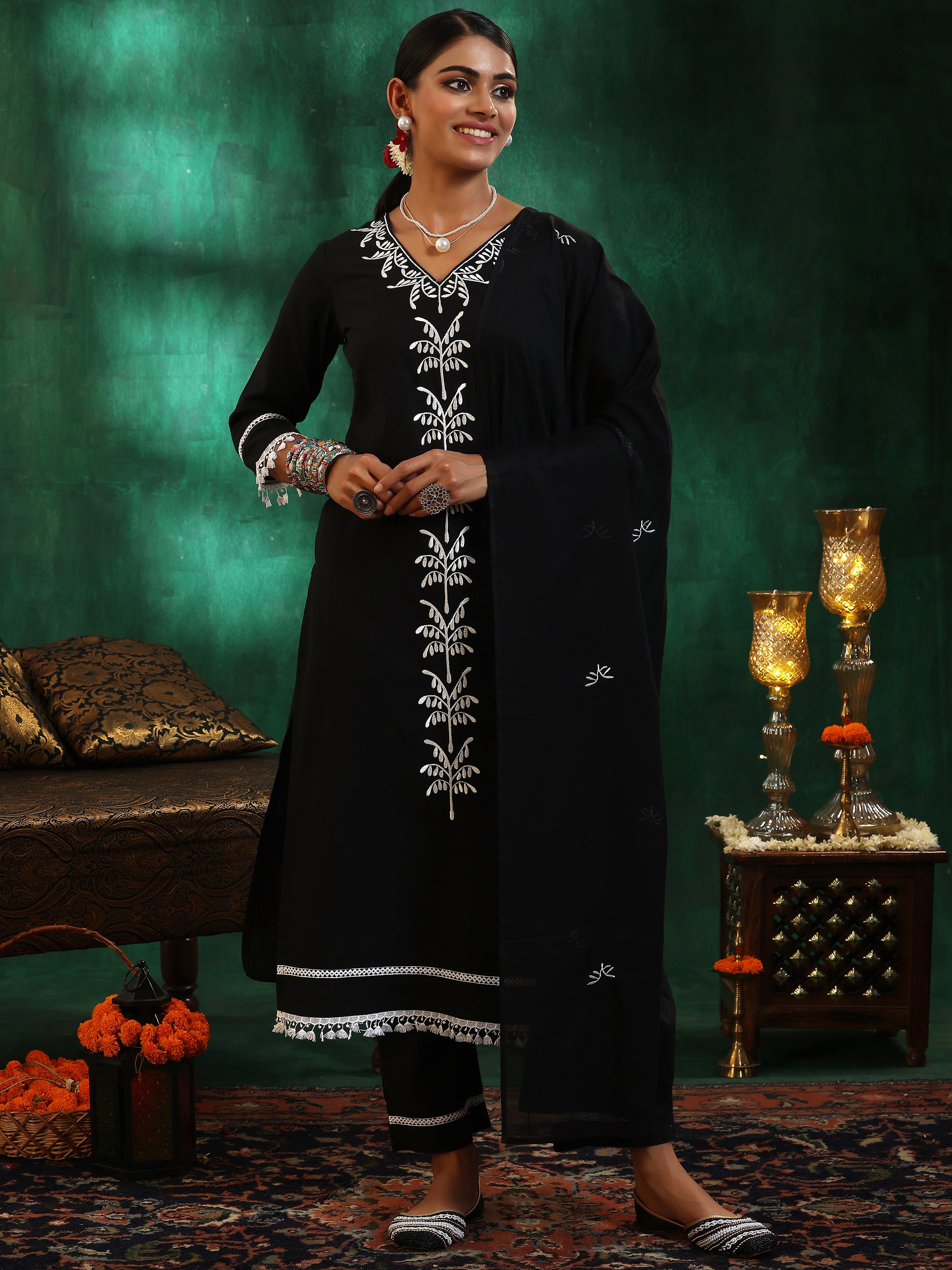 Black Embroidered Cotton Straight Suit With Dupatta