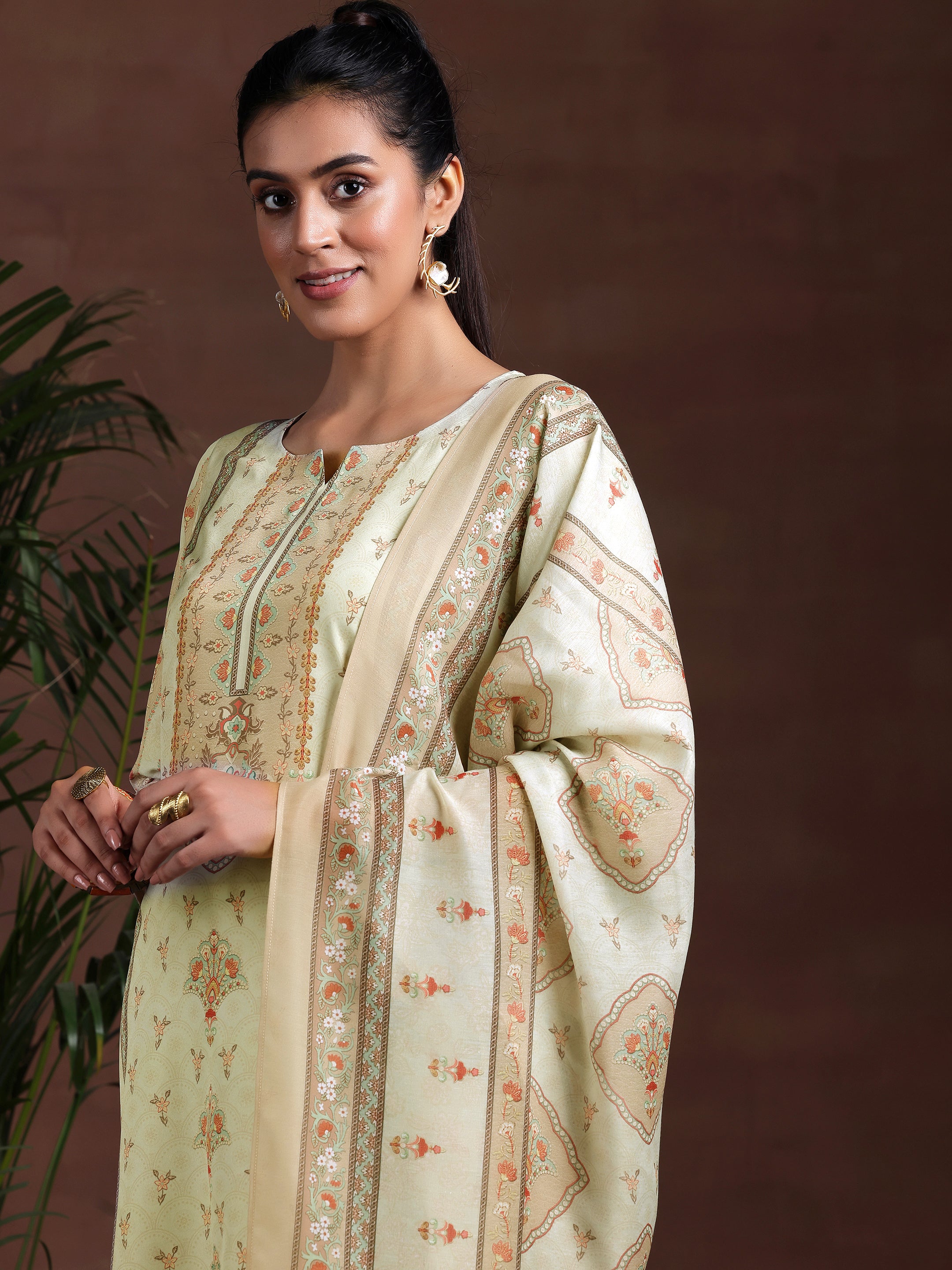 Beige Printed Poly Crepe Straight Suit With Dupatta