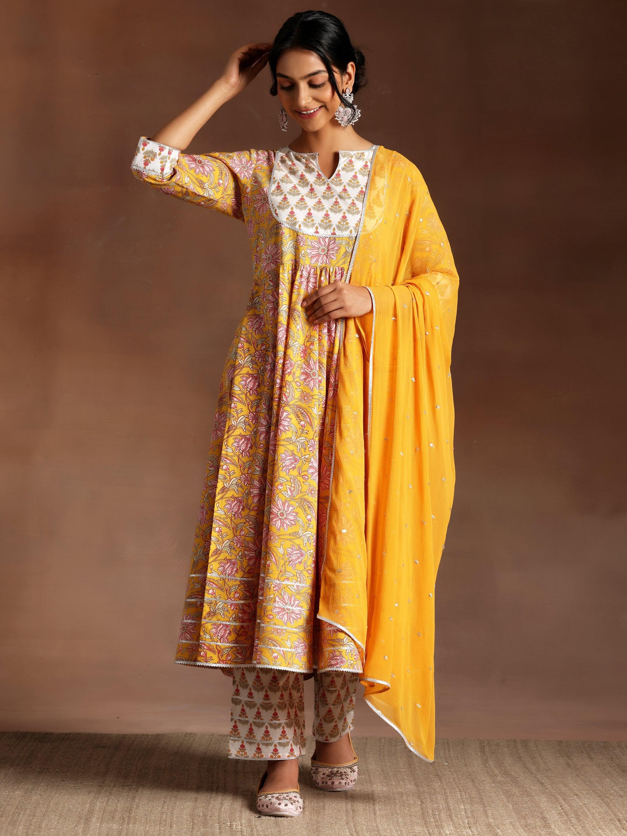 Yellow Printed Cotton Anarkali Suit With Dupatta