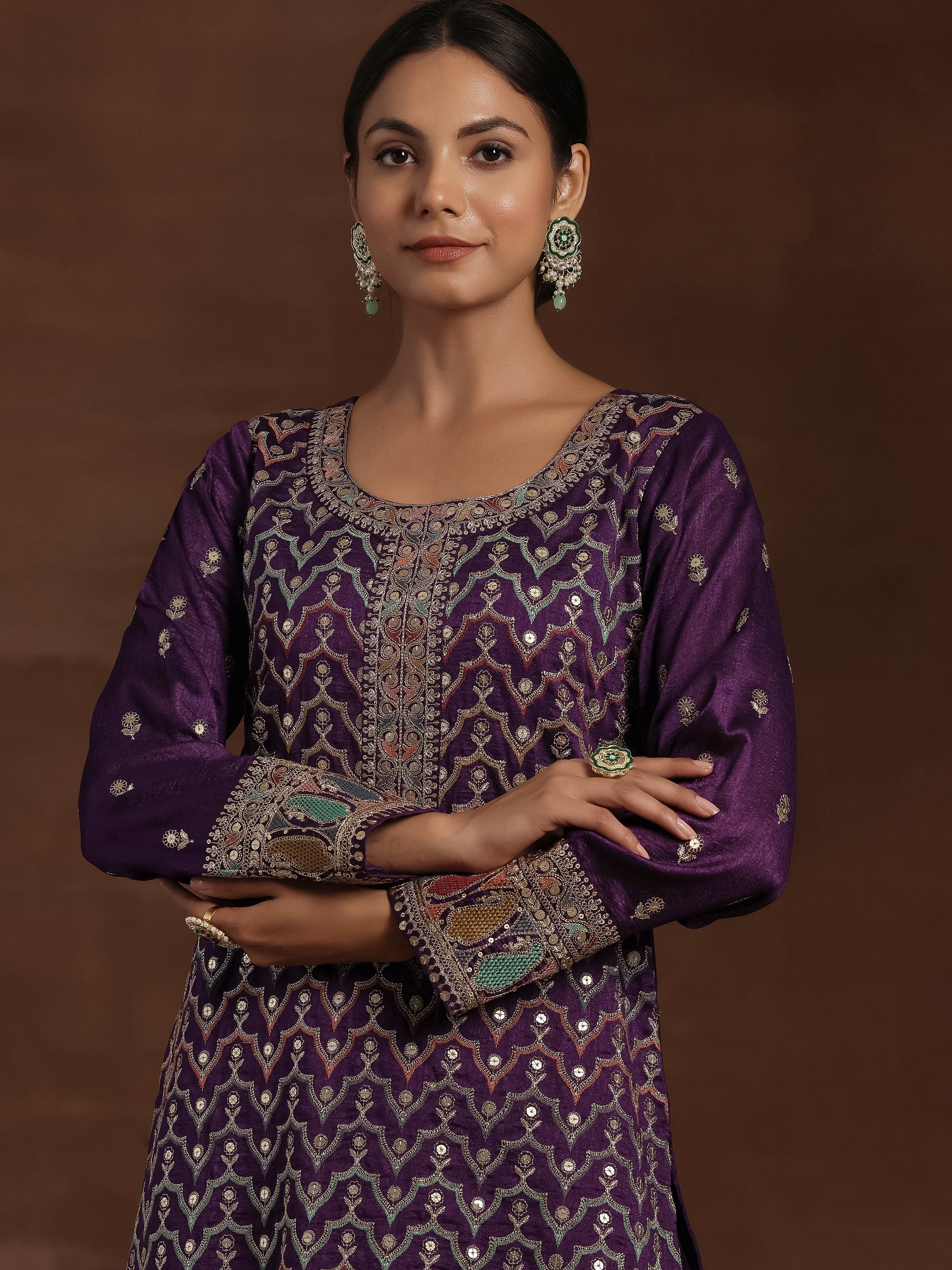 Adaa Purple Embroidered Silk Blend Straight Kurta With Palazzos & Dupatta