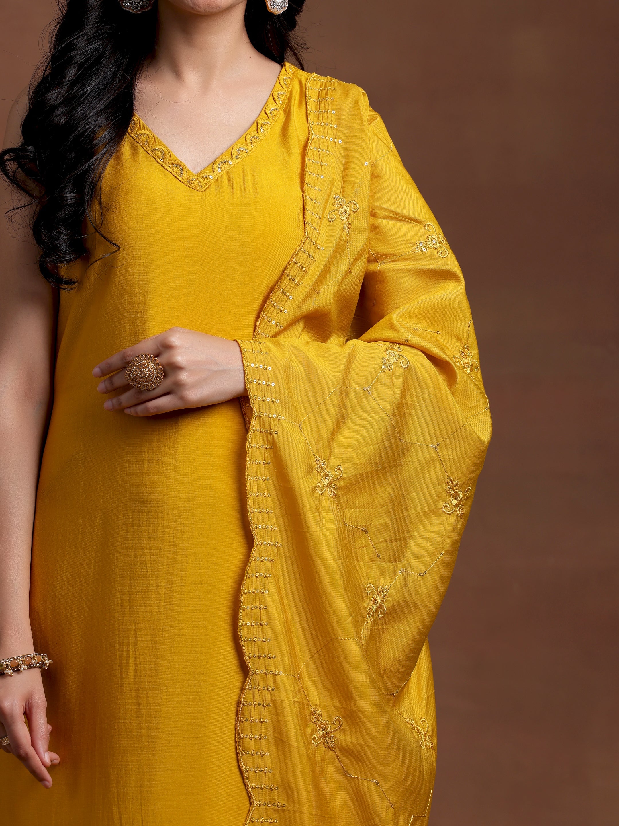 Mustard Solid Silk Blend Straight Suit With Dupatta