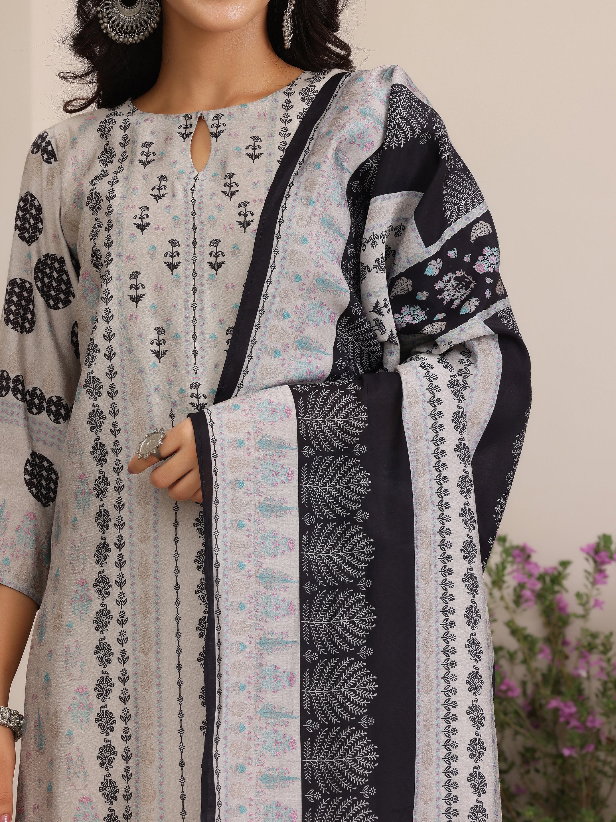 Grey Printed Silk Blend Straight Suit With Dupatta