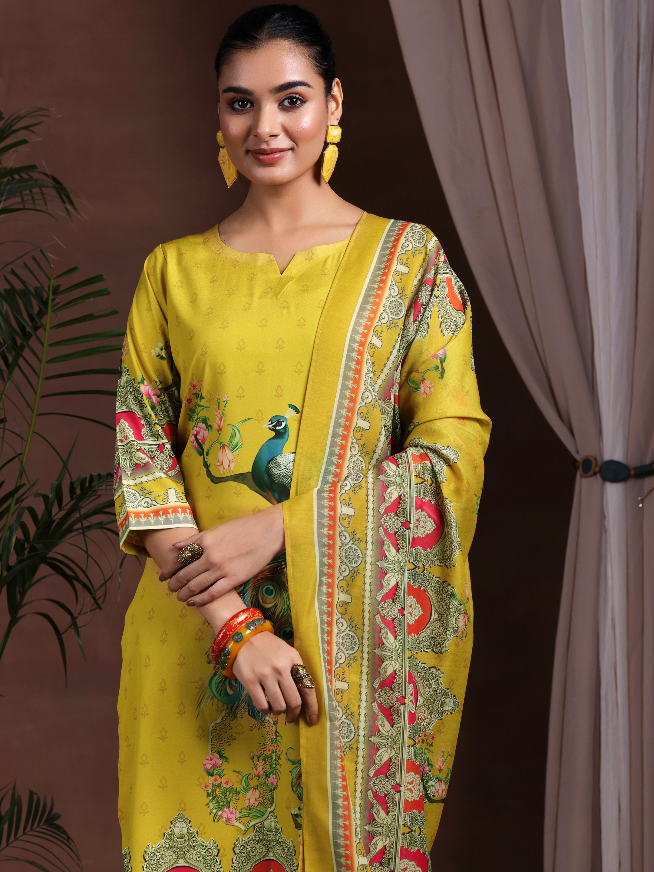 Mustard Printed Poly Crepe Straight Suit With Dupatta