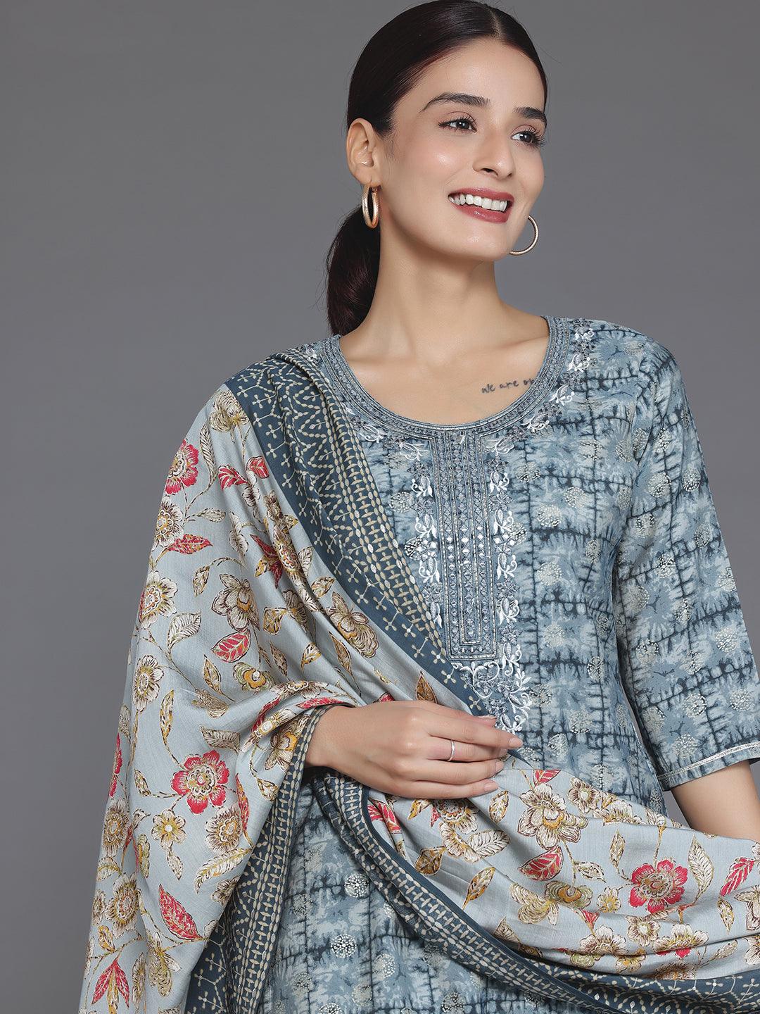 Grey Printed Silk Blend Straight Suit With Dupatta