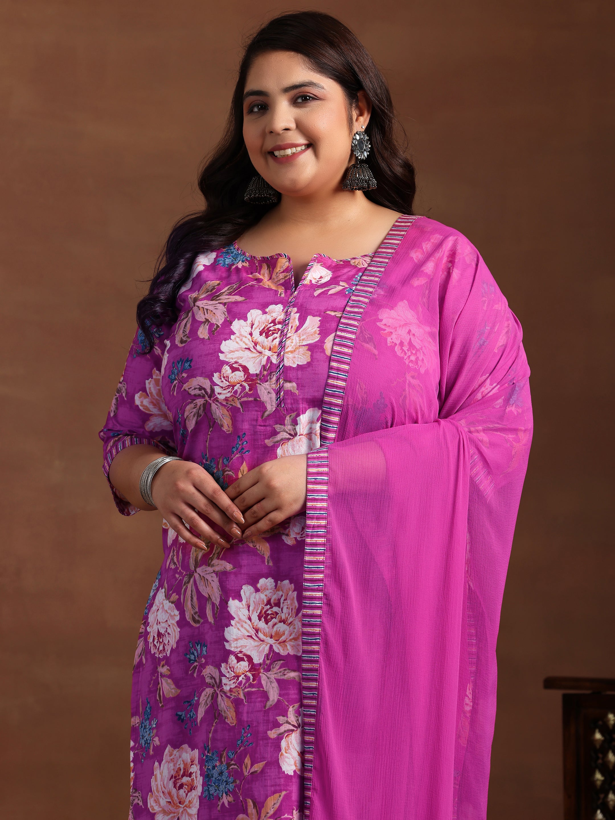 Plus Size Pink Printed Cotton Straight Suit With Dupatta