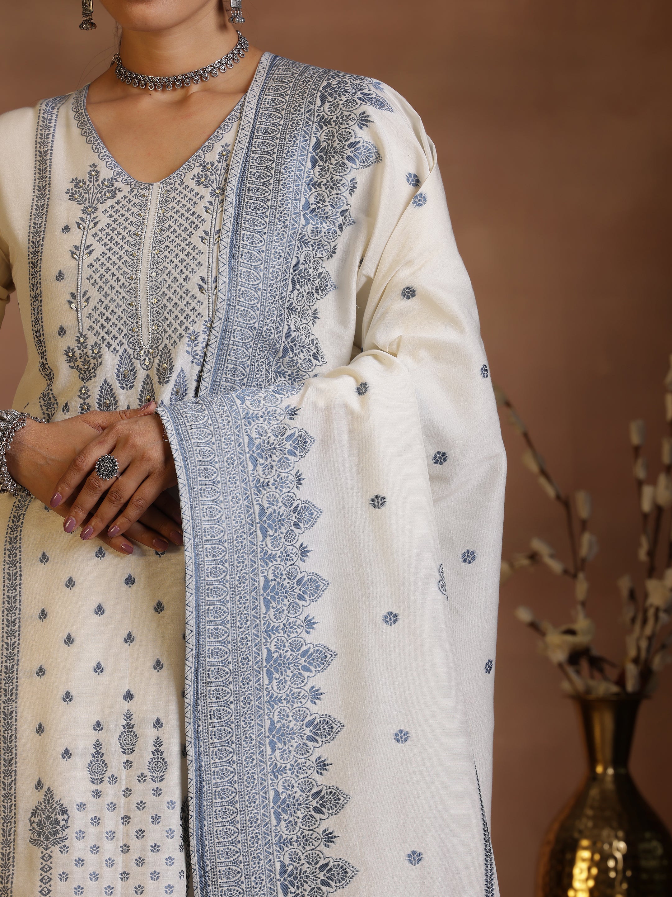 Off White Woven Design Chanderi Silk Straight Suit With Dupatta