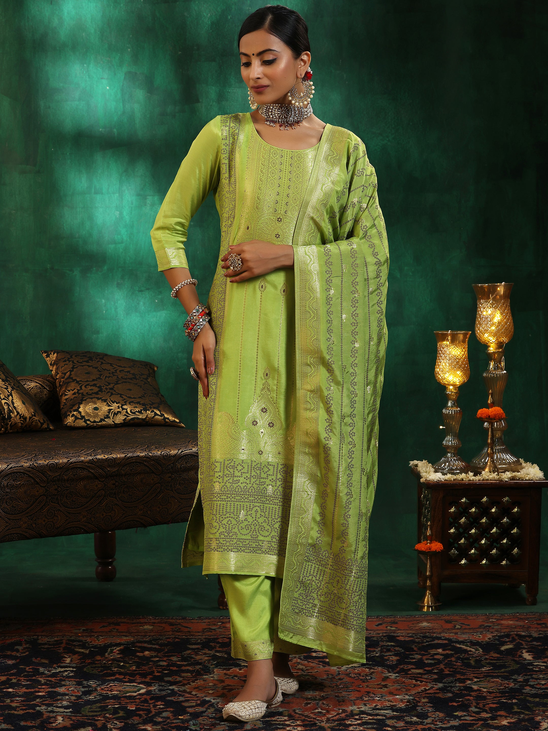 Green Woven Design Silk Blend Straight Suit With Dupatta