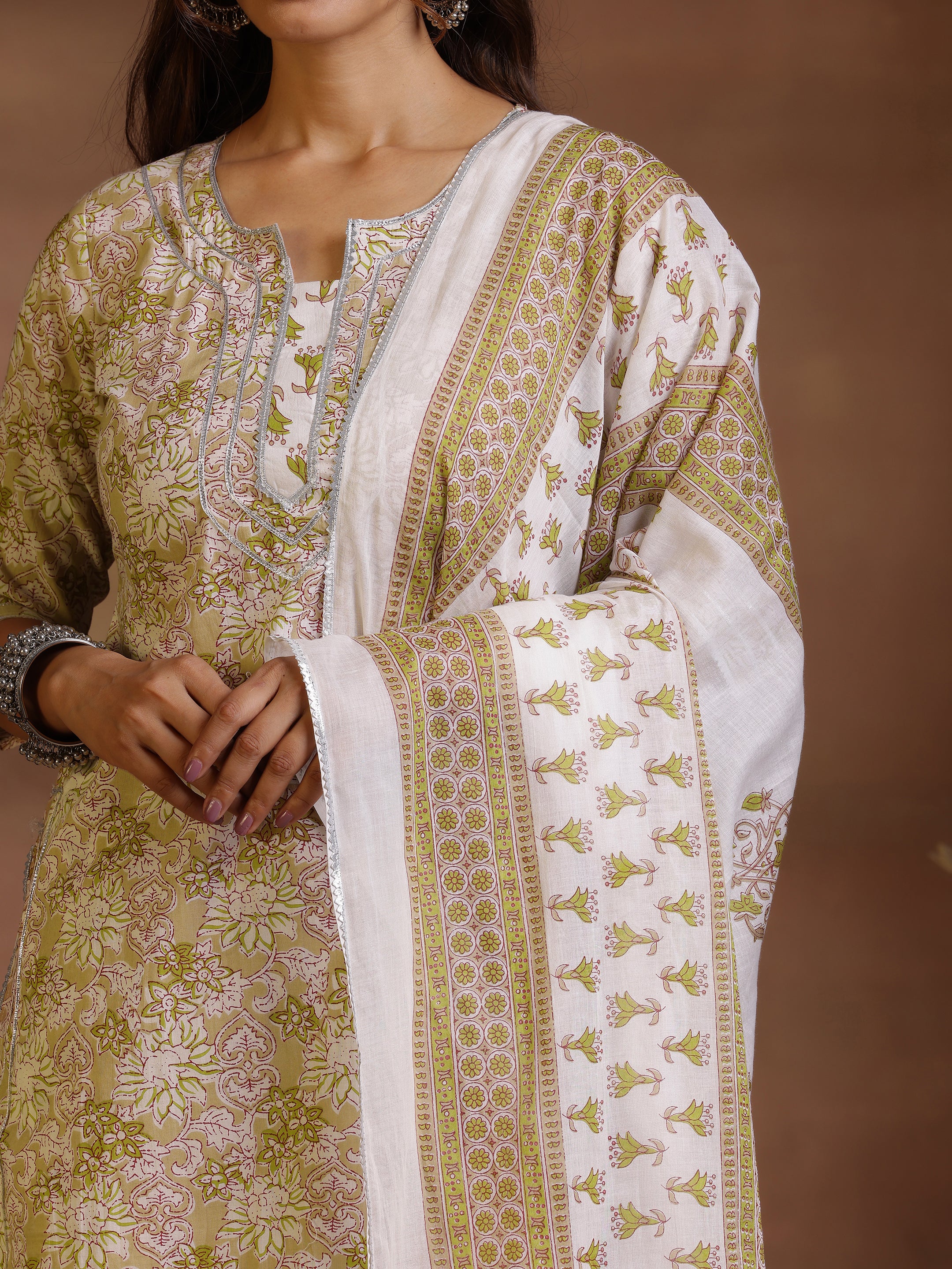 Beige Printed Cotton Straight Suit With Dupatta