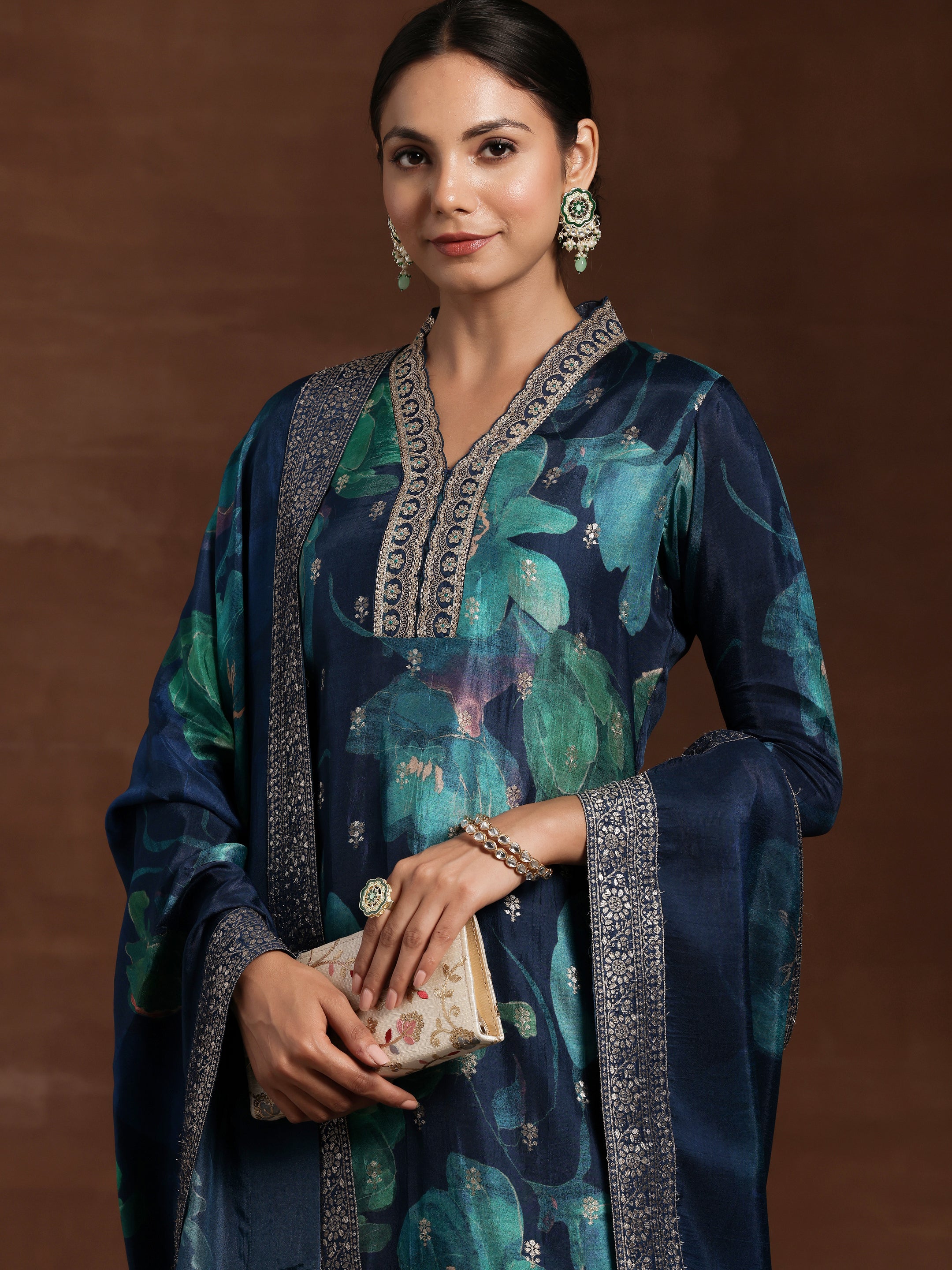 Blue Printed Silk Blend Straight Suit With Dupatta