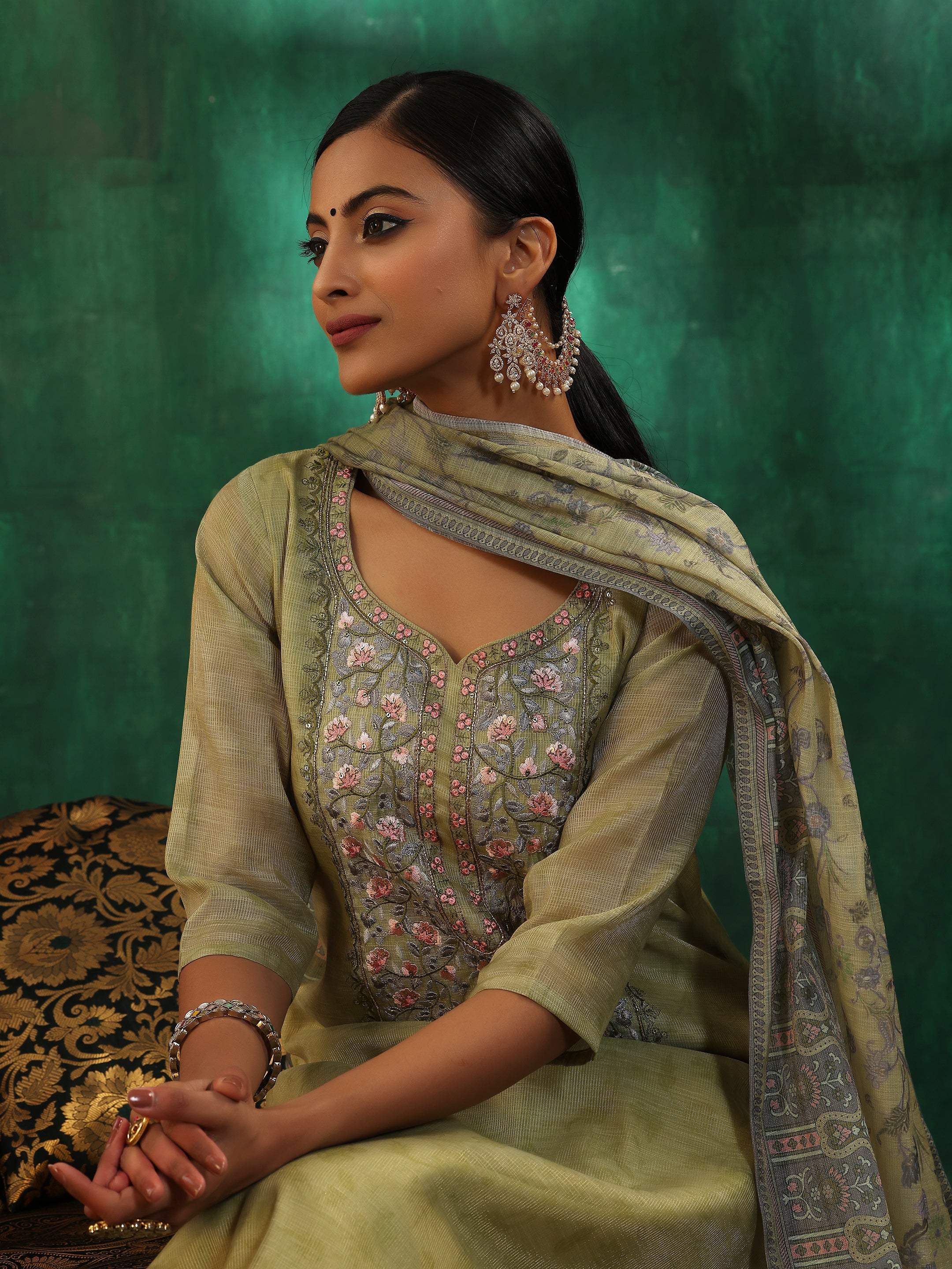 Green Yoke Design Silk Blend Straight Suit With Dupatta