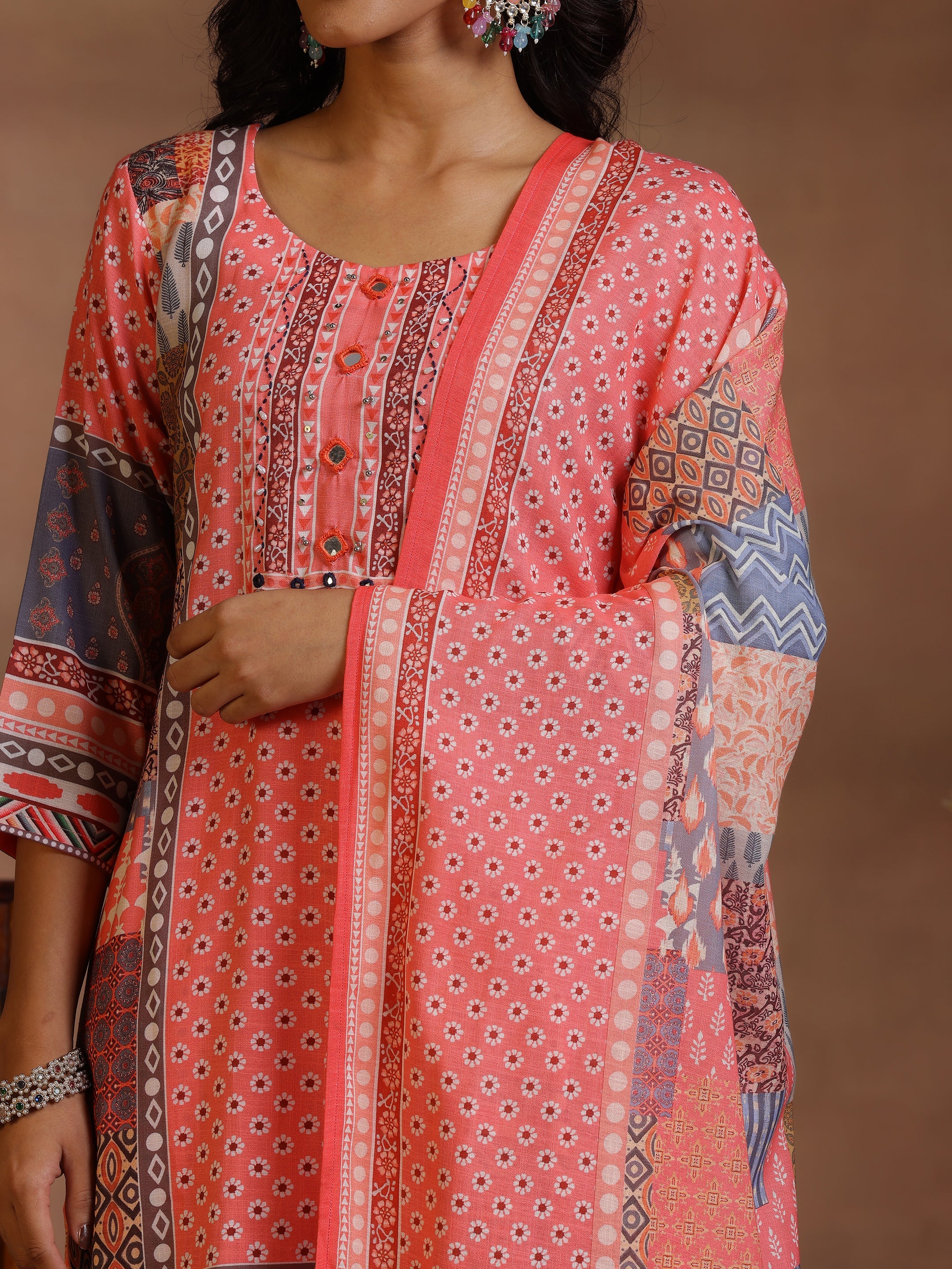 Multicoloured Printed Linen Straight Suit With Dupatta