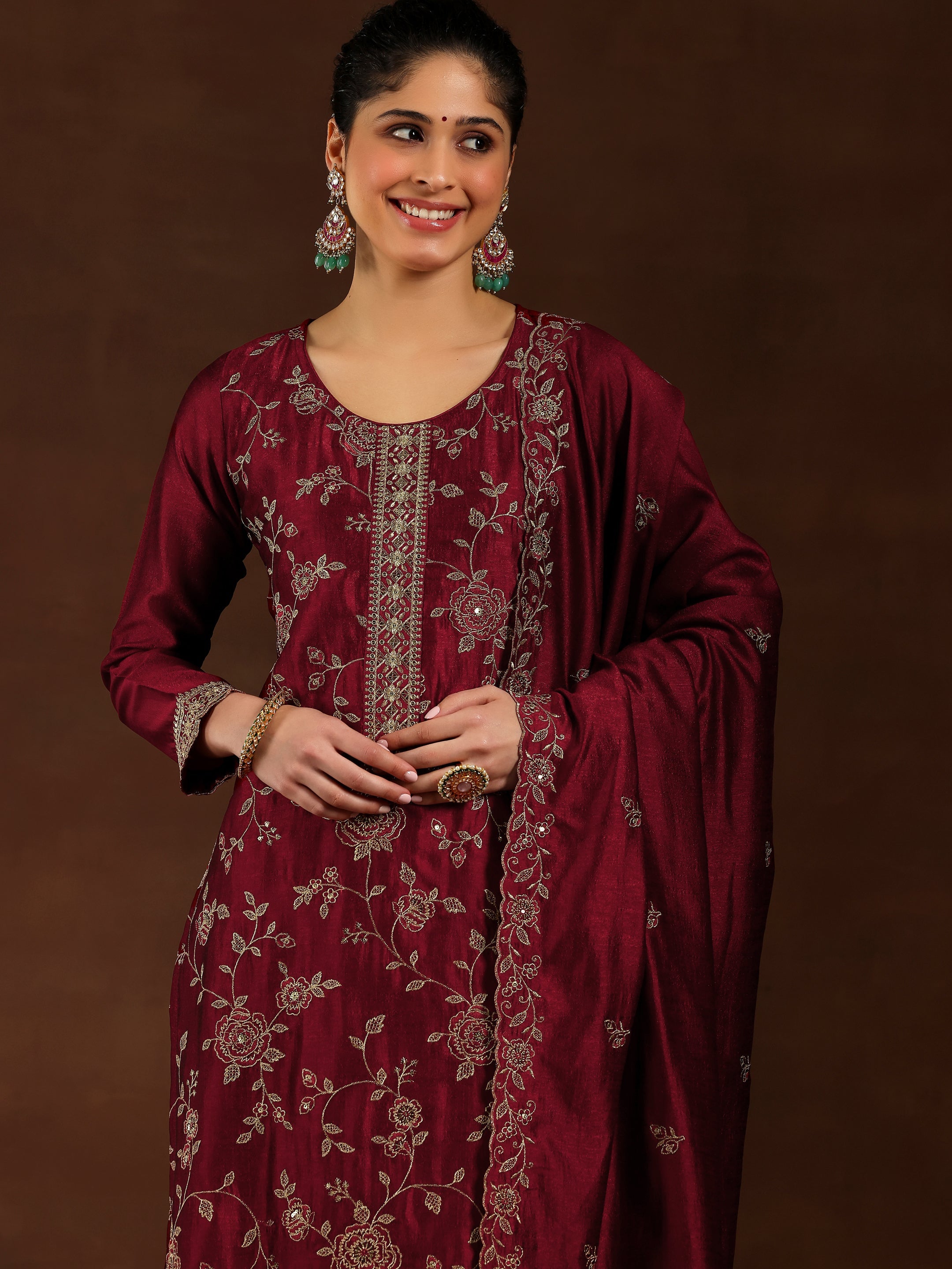 Maroon Embroidered Silk Blend Straight Suit With Dupatta