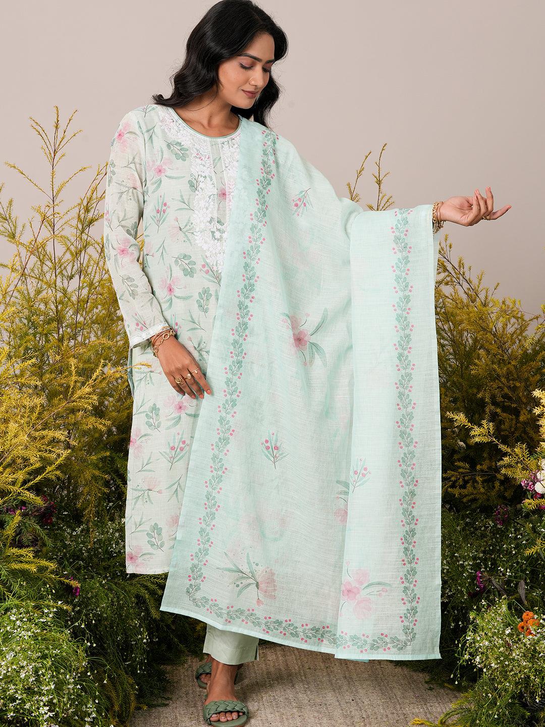 Green Printed Linen Straight Suit With Dupatta