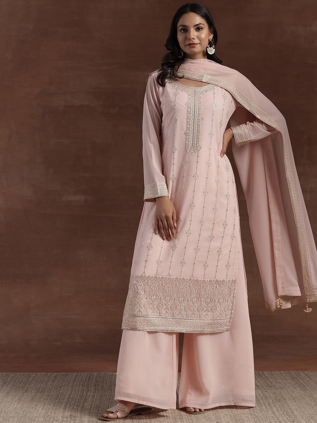 Peach Embroidered Georgette Straight Suit With Dupatta