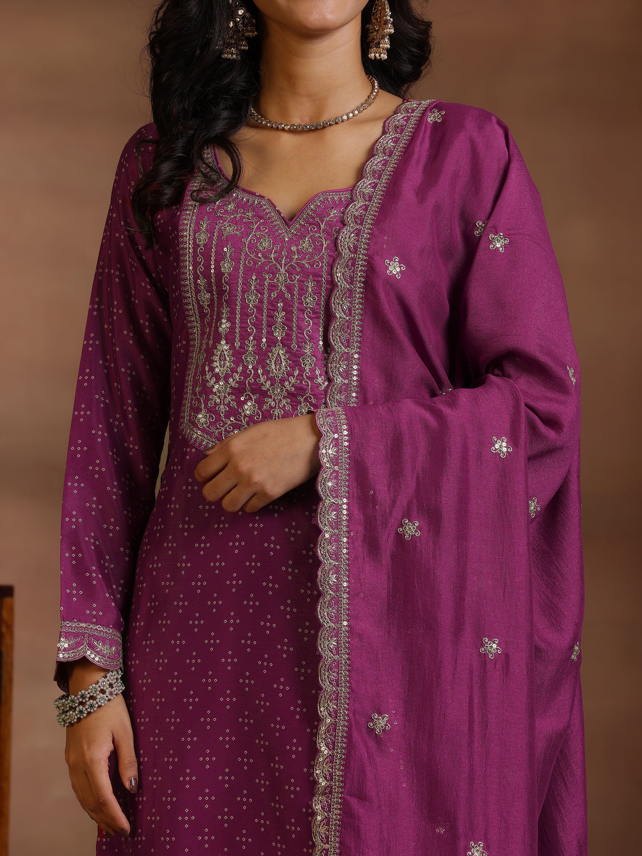 Wine Printed Silk Blend Straight Suit With Dupatta