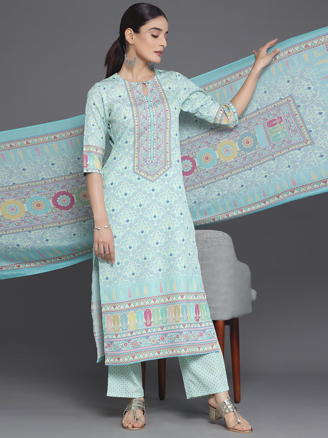 Green Printed Poly Crepe Straight Suit With Dupatta