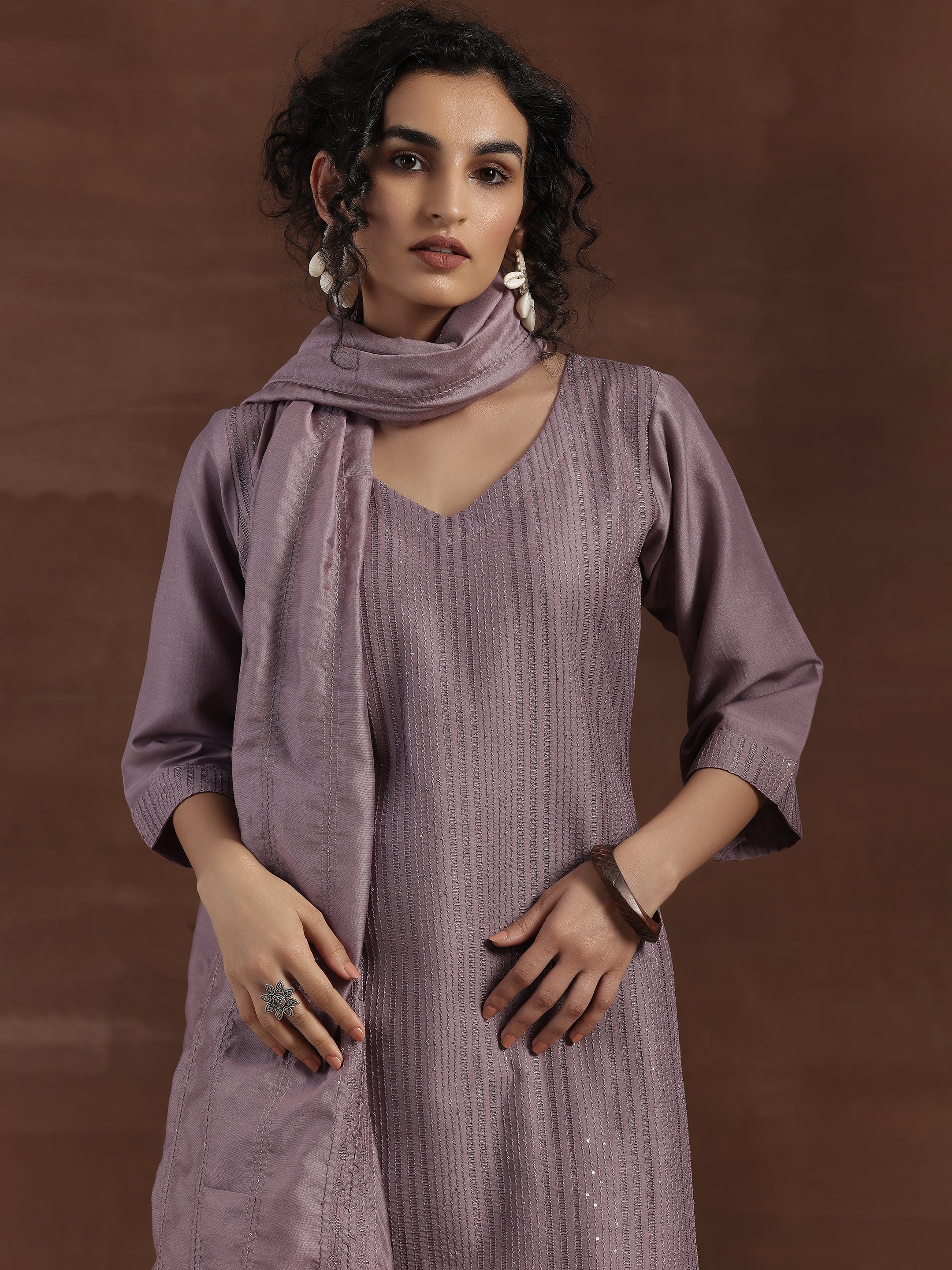 Mauve Self Design Silk Blend Straight Suit With Dupatta