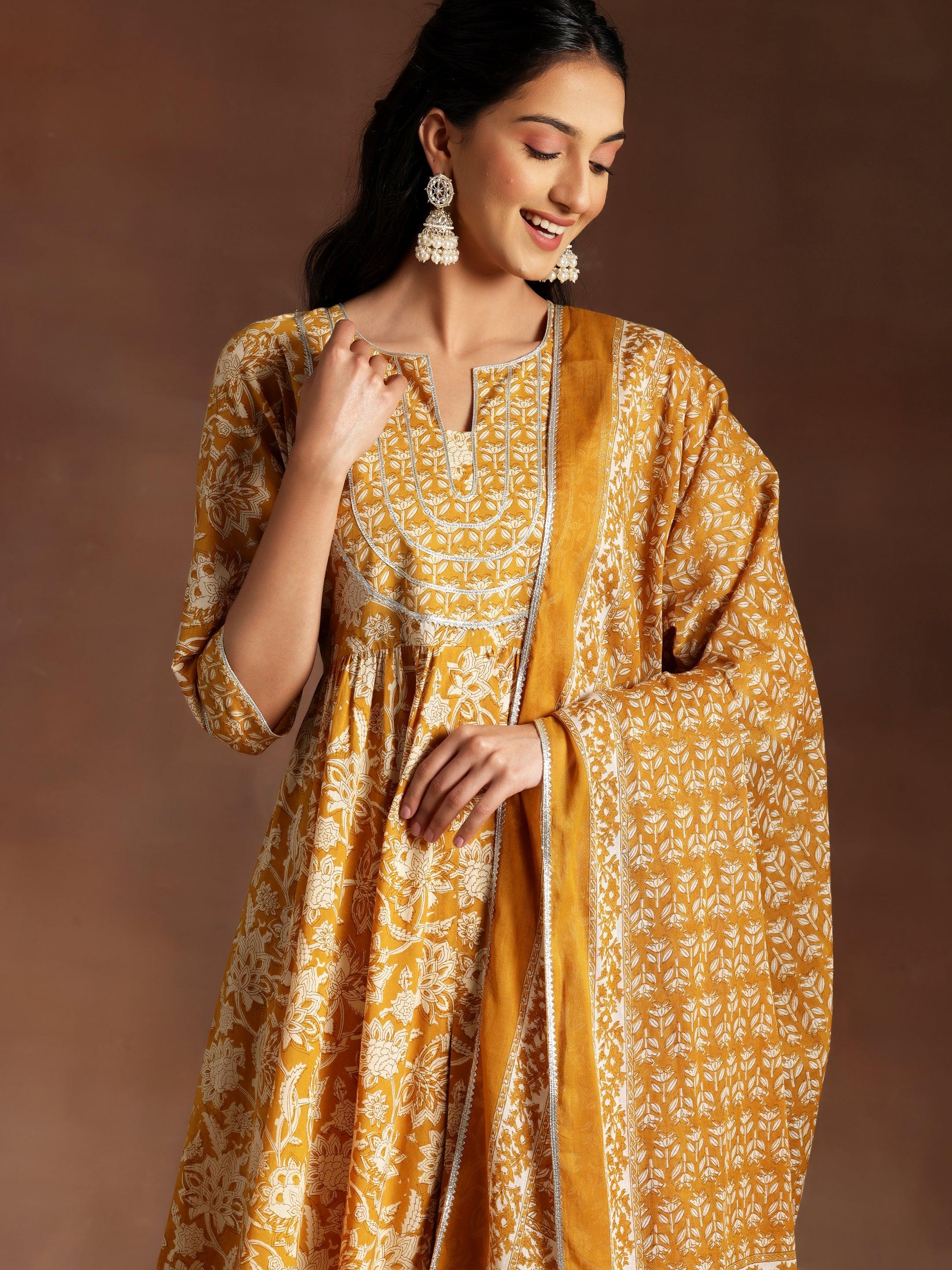 Mustard Printed Cotton Anarkali Suit With Dupatta