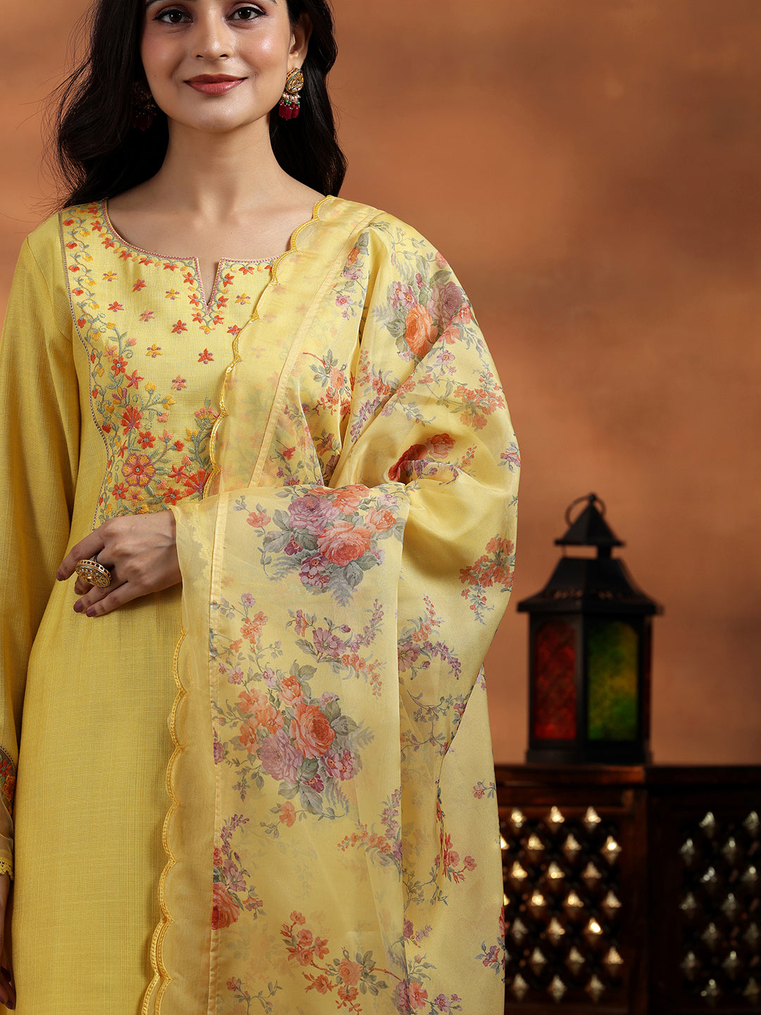 Yellow Yoke Design Silk Blend Straight Suit With Dupatta