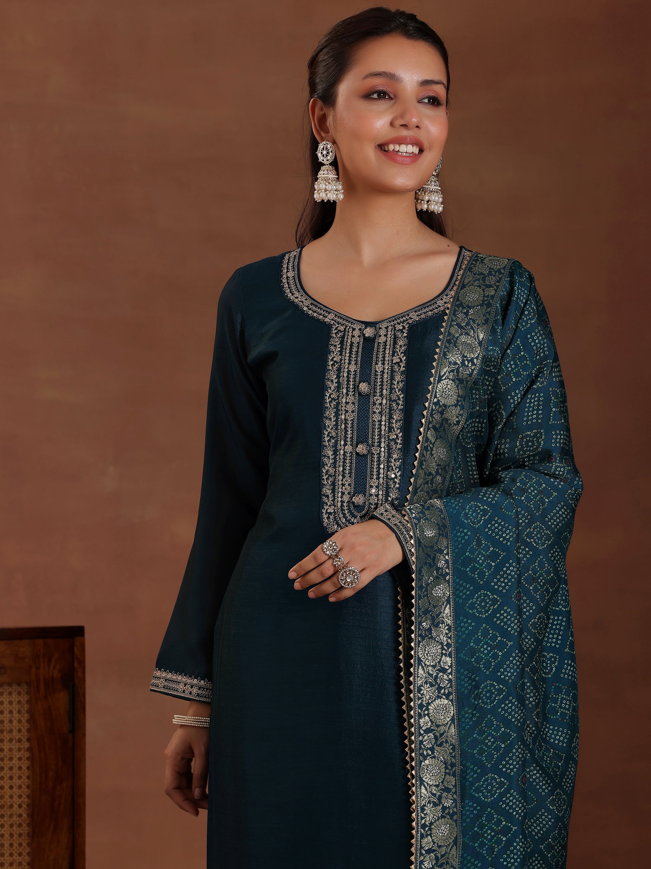 Teal Embroidered Silk Blend Straight Suit With Dupatta