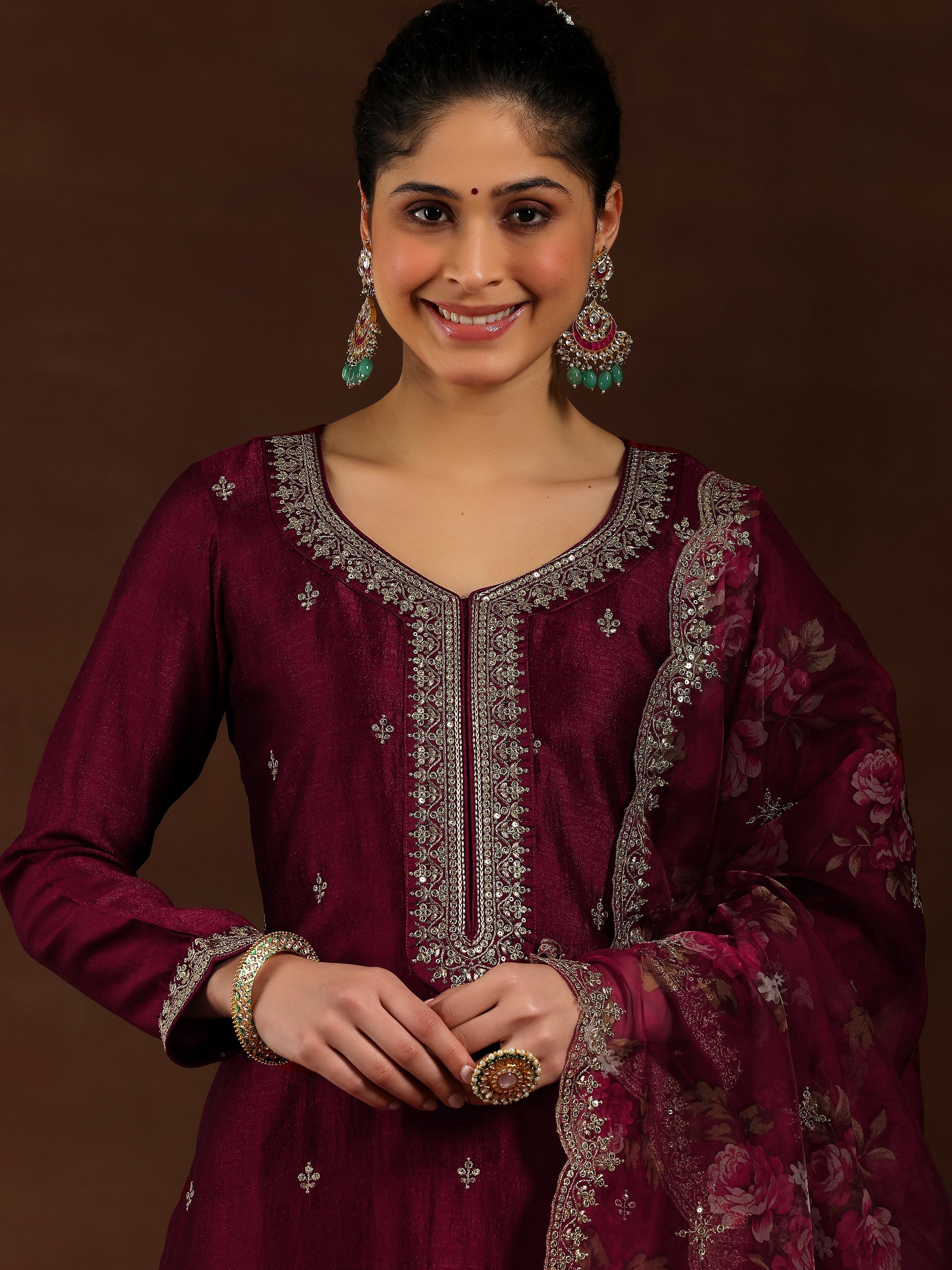 Maroon Embroidered Silk Blend Straight Suit With Dupatta