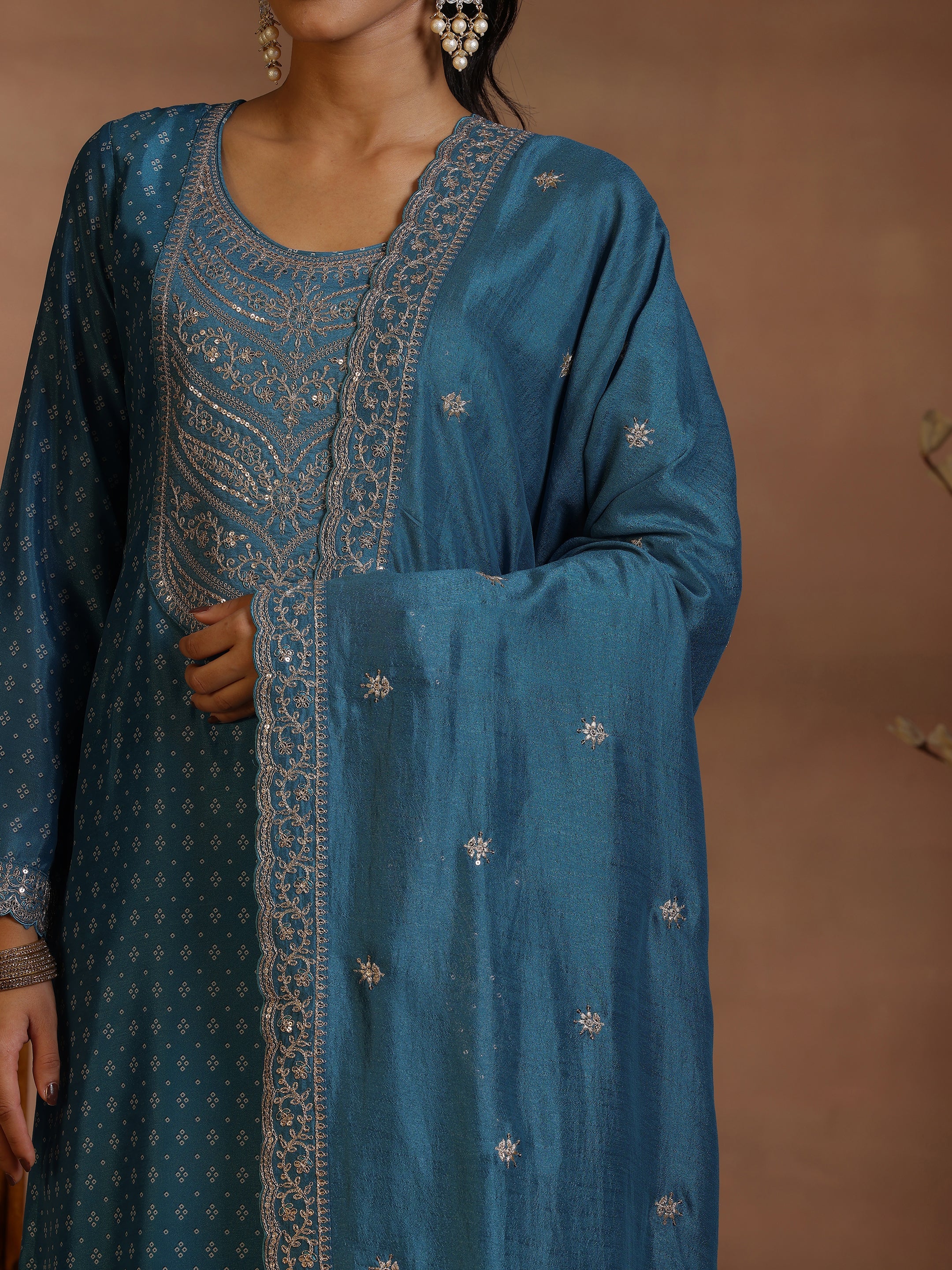 Blue Printed Silk Blend Straight Suit With Dupatta