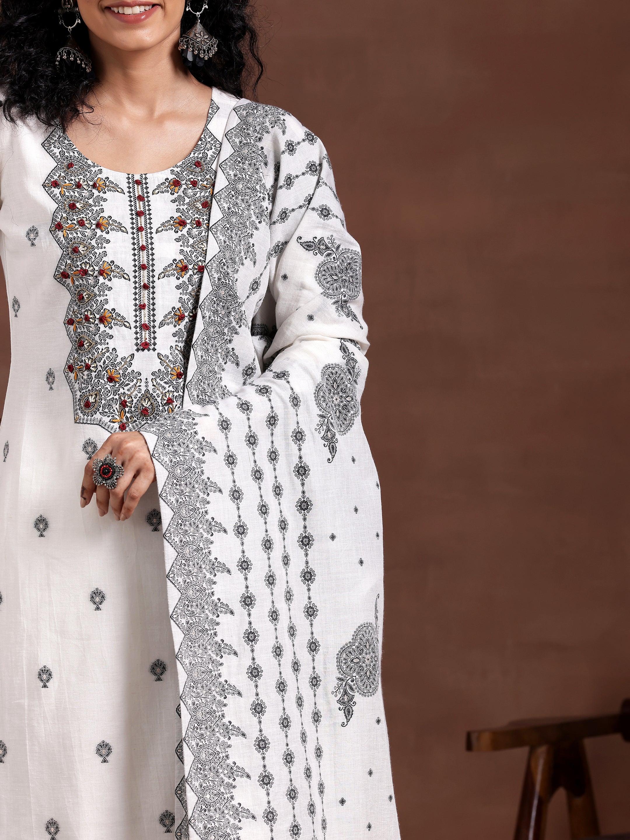 White Woven Design Linen Straight Suit With Dupatta