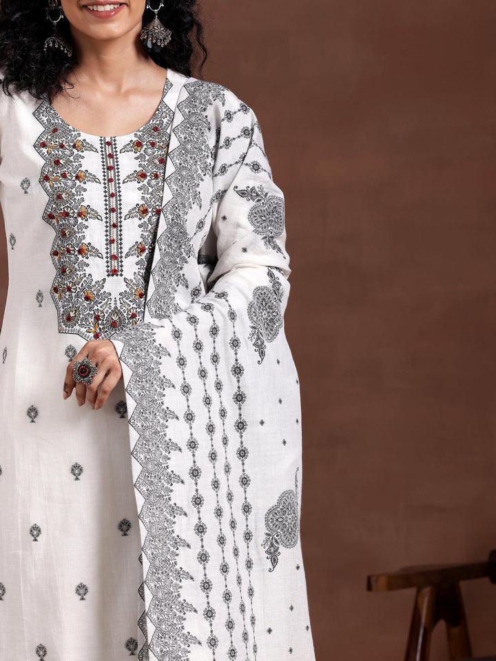 White Woven Design Linen Straight Suit With Dupatta - Libas