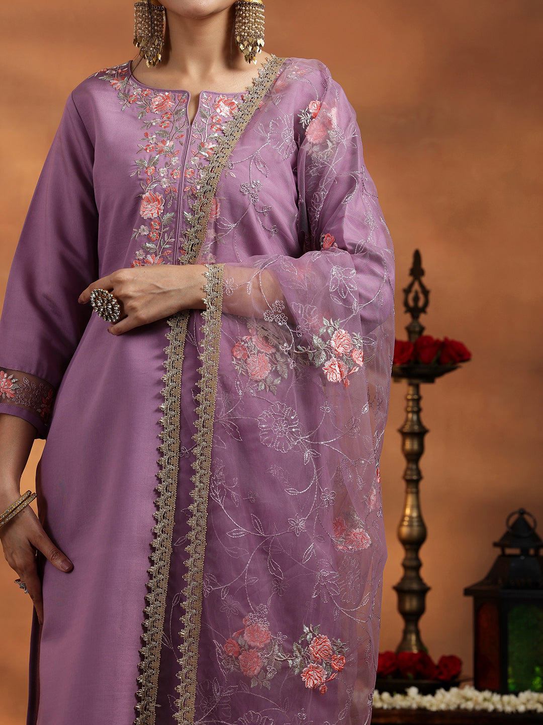 Lavender Yoke Design Silk Blend Straight Suit With Dupatta