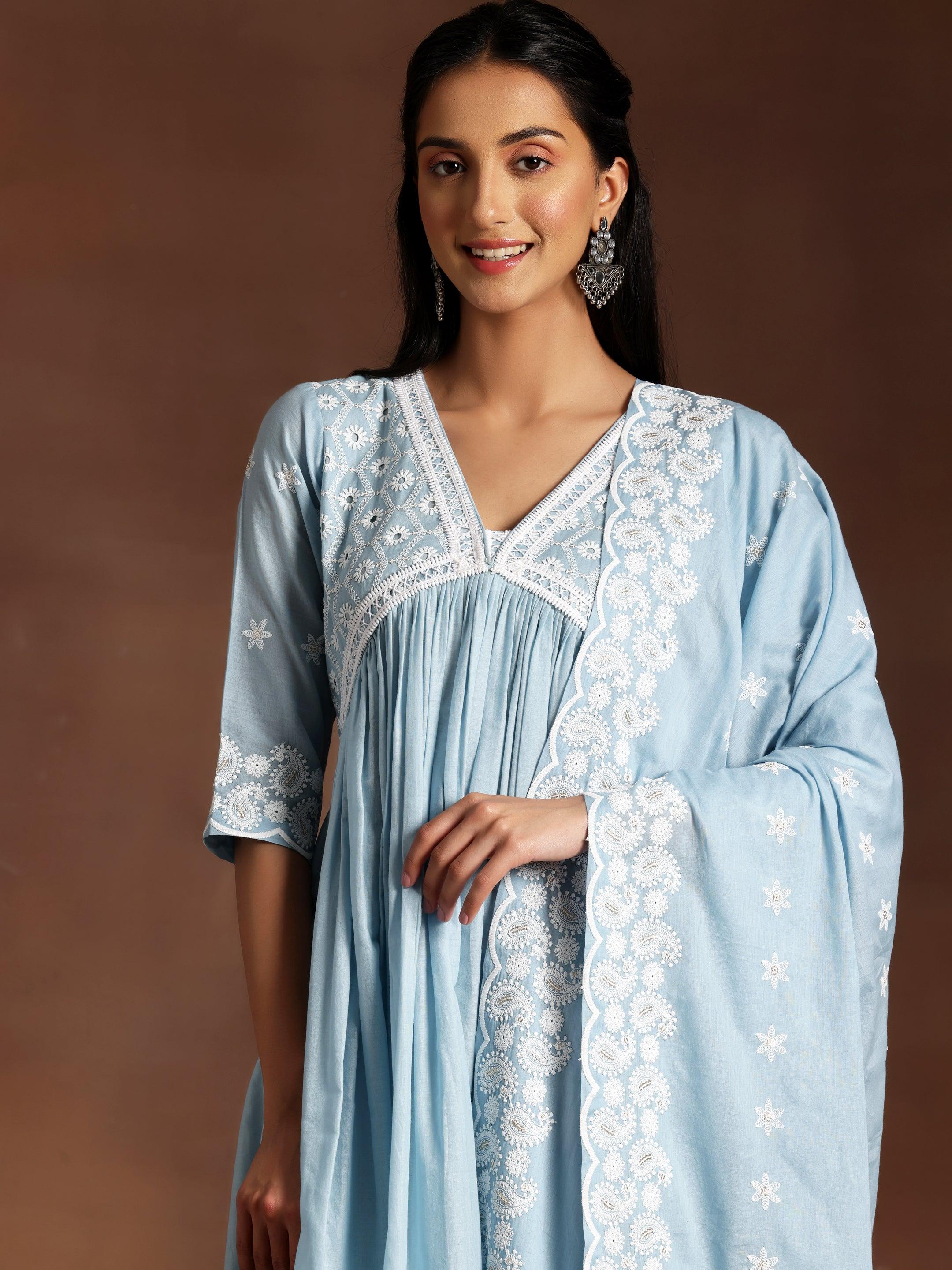 Blue Embroidered Cotton A-Line Kurta With Palazzos & Dupatta