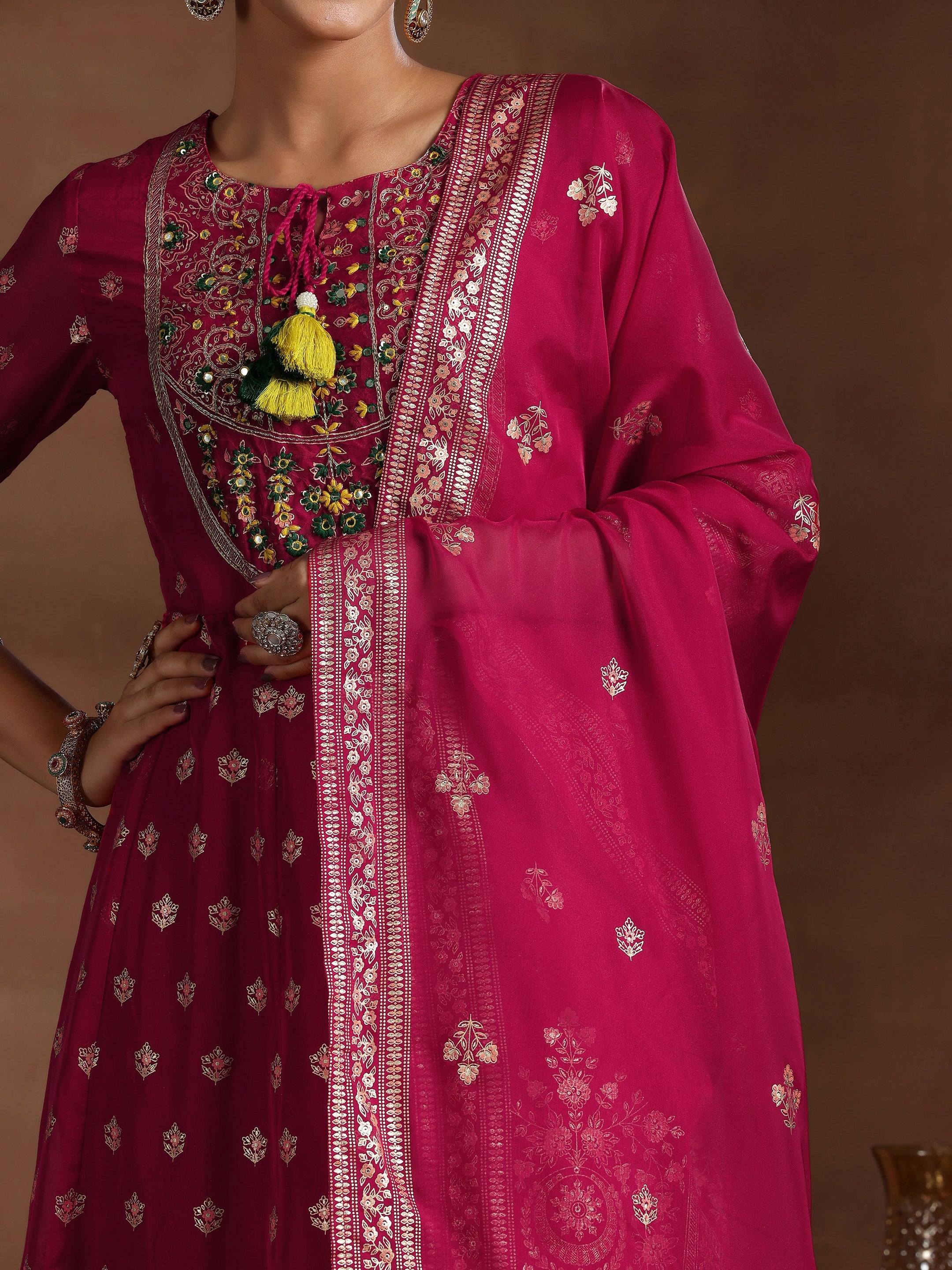 Pink Printed Organza Anarkali Suit With Dupatta