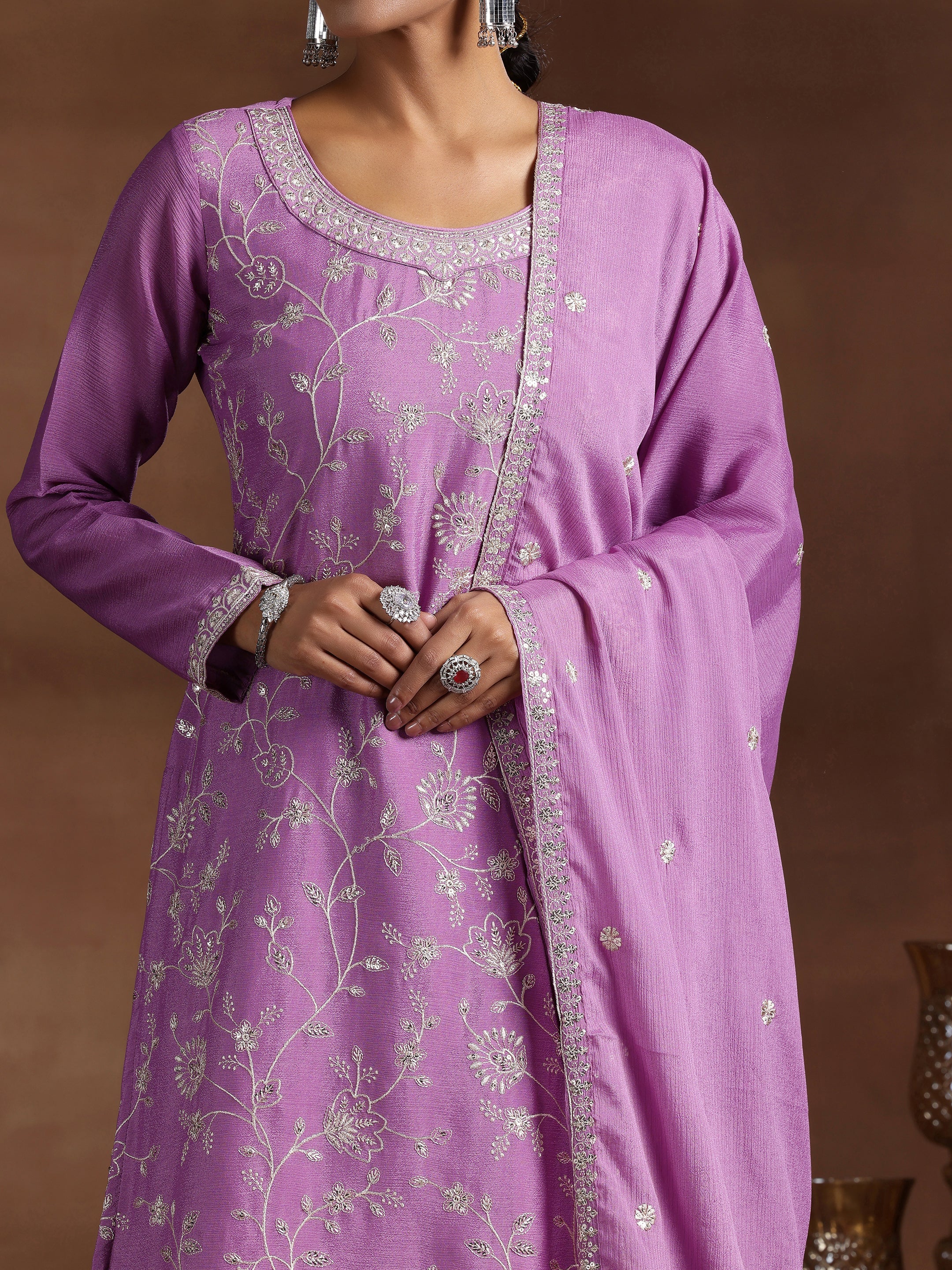 Lavender Embroidered Silk Blend Straight Suit With Dupatta