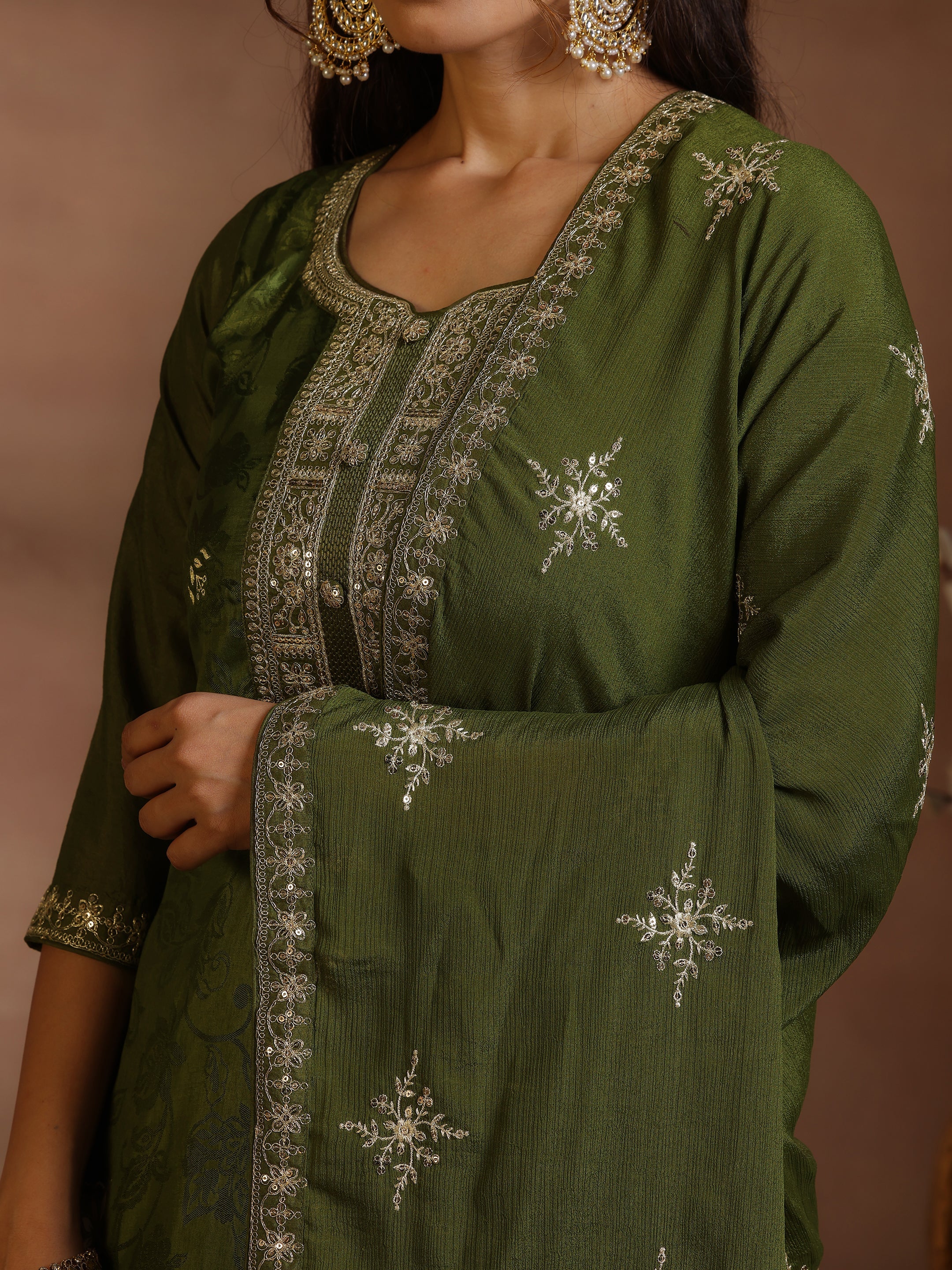 Olive Woven Design Silk Blend Straight Suit With Dupatta