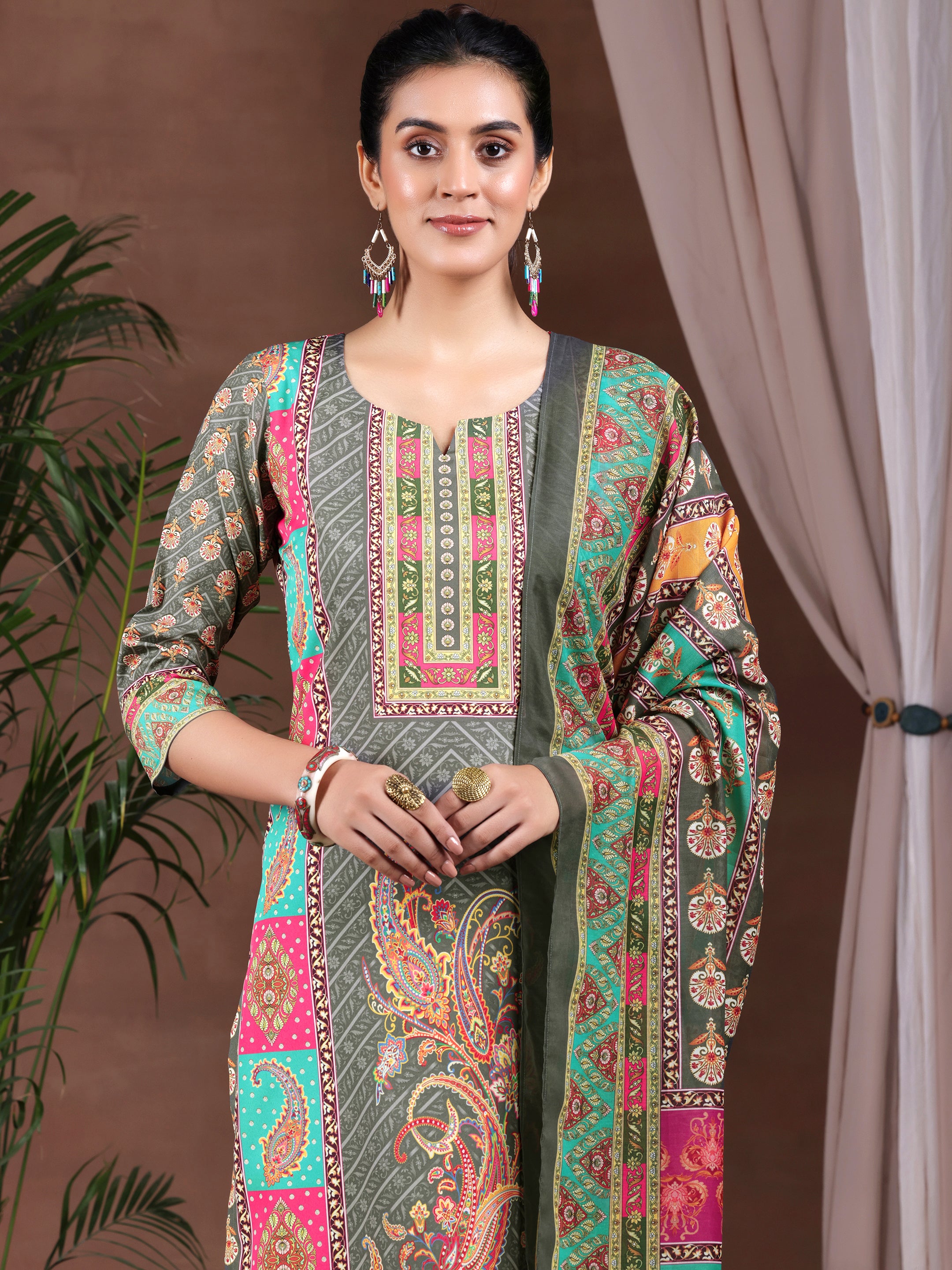 Grey Printed Poly Crepe Straight Suit With Dupatta