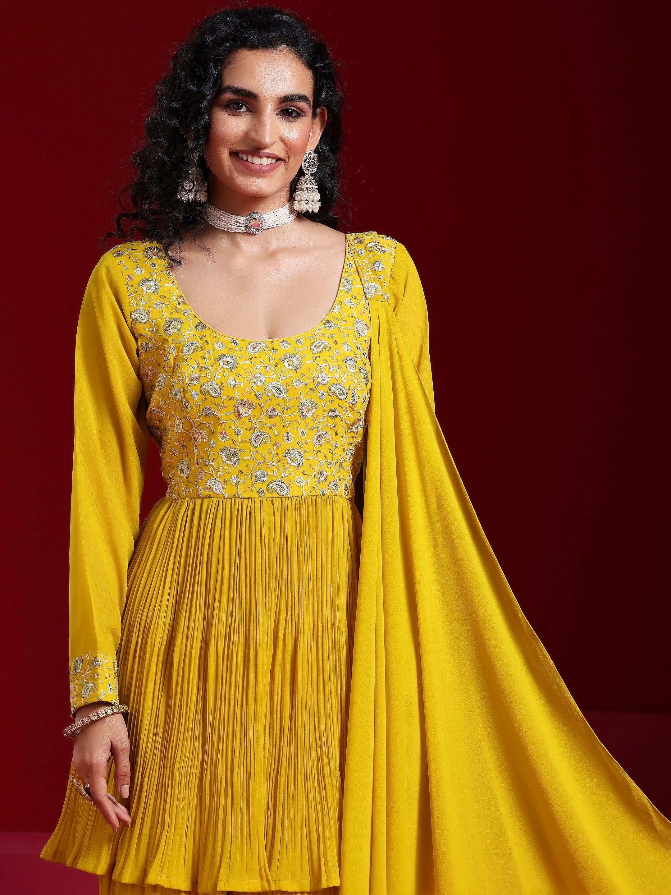 Libas Art Mustard Embroidered Georgette A-Line Kurta With Sharara & Dupatta