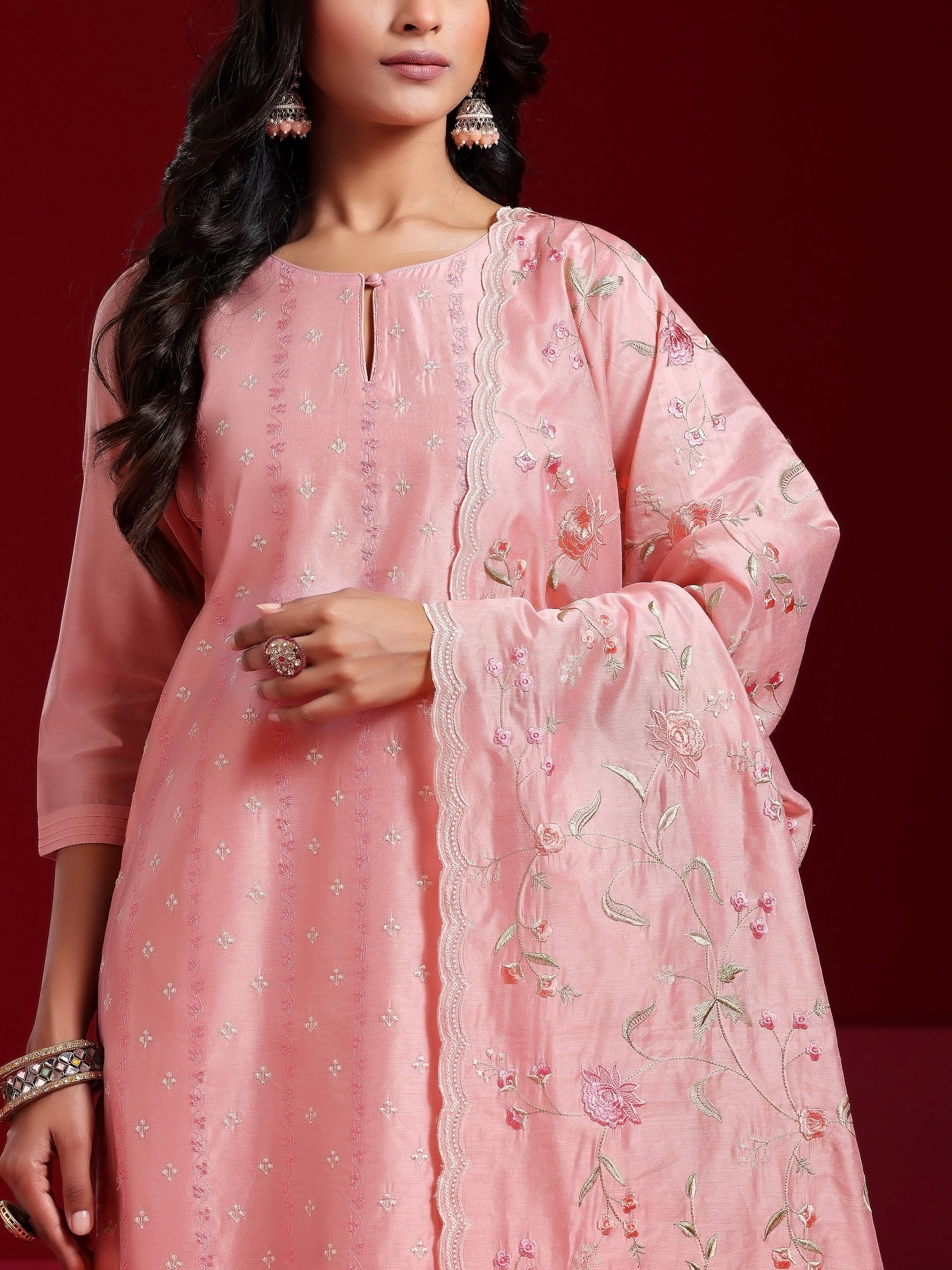 Libas Art Pink Embroidered Chanderi Silk Straight Suit With Dupatta